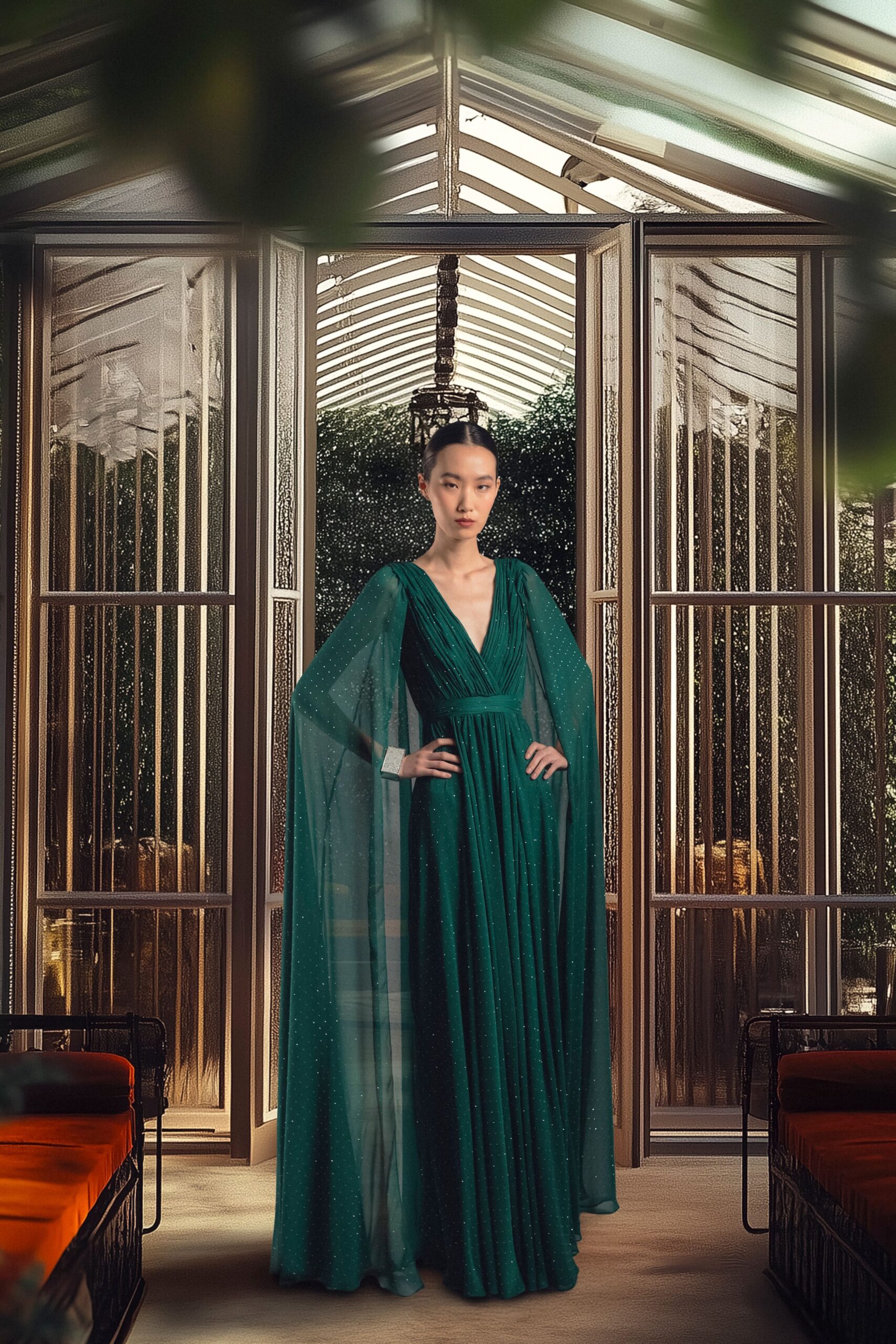 green silk sleeveless gown