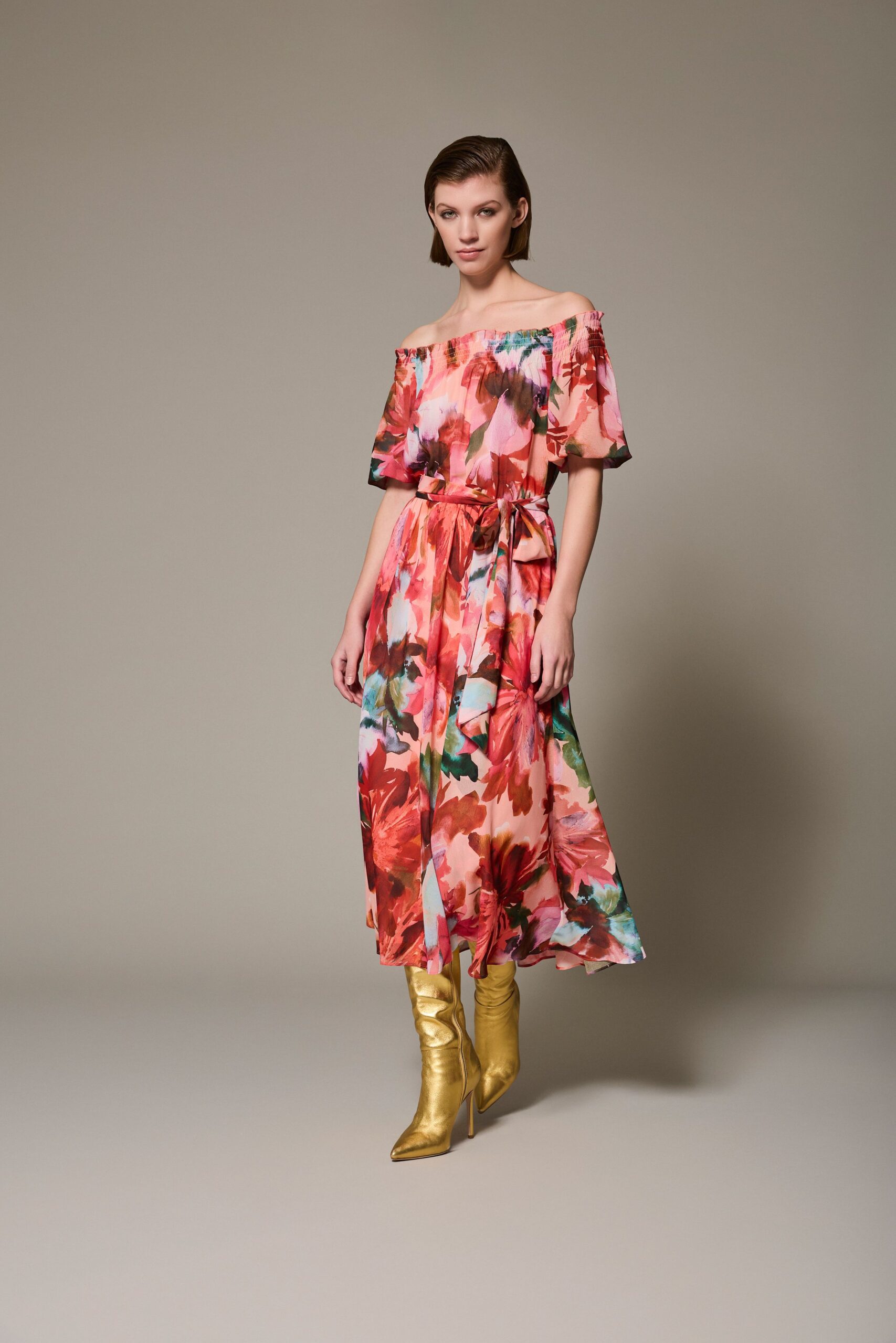 red silk off-shoulder fitted floral tiered flowing dress