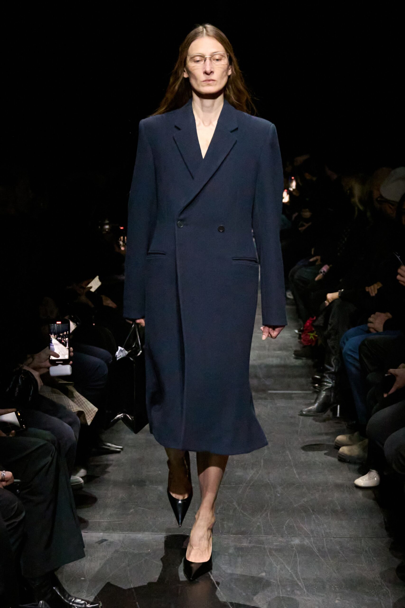 blue wool long-sleeve collared tailored buttoned midi coat