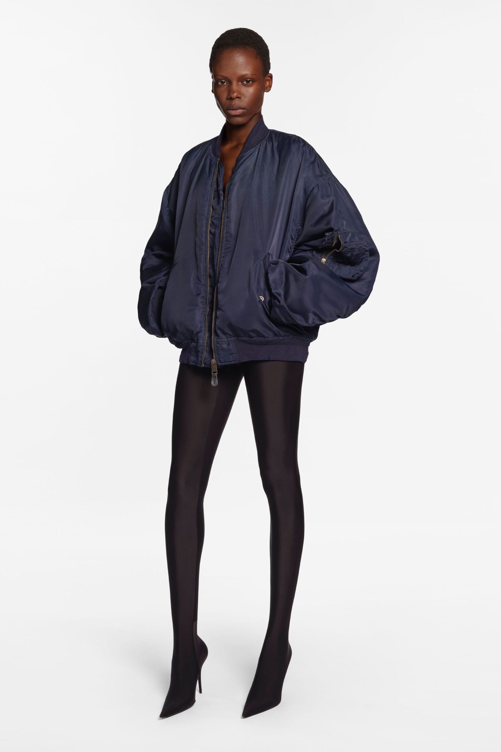 blue satin long-sleeve collared oversized zippered pockets jacket