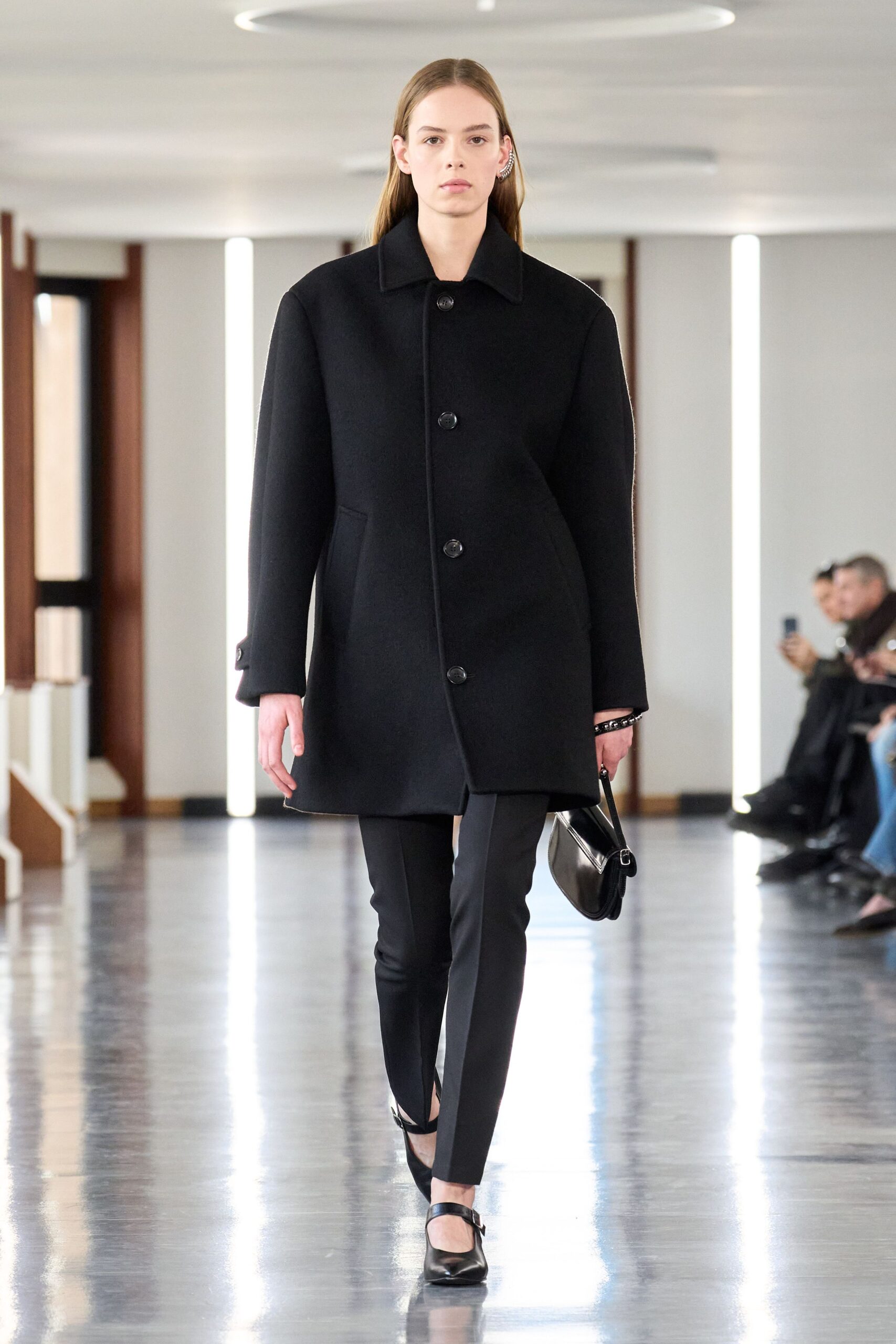 black wool coat with slim pants
