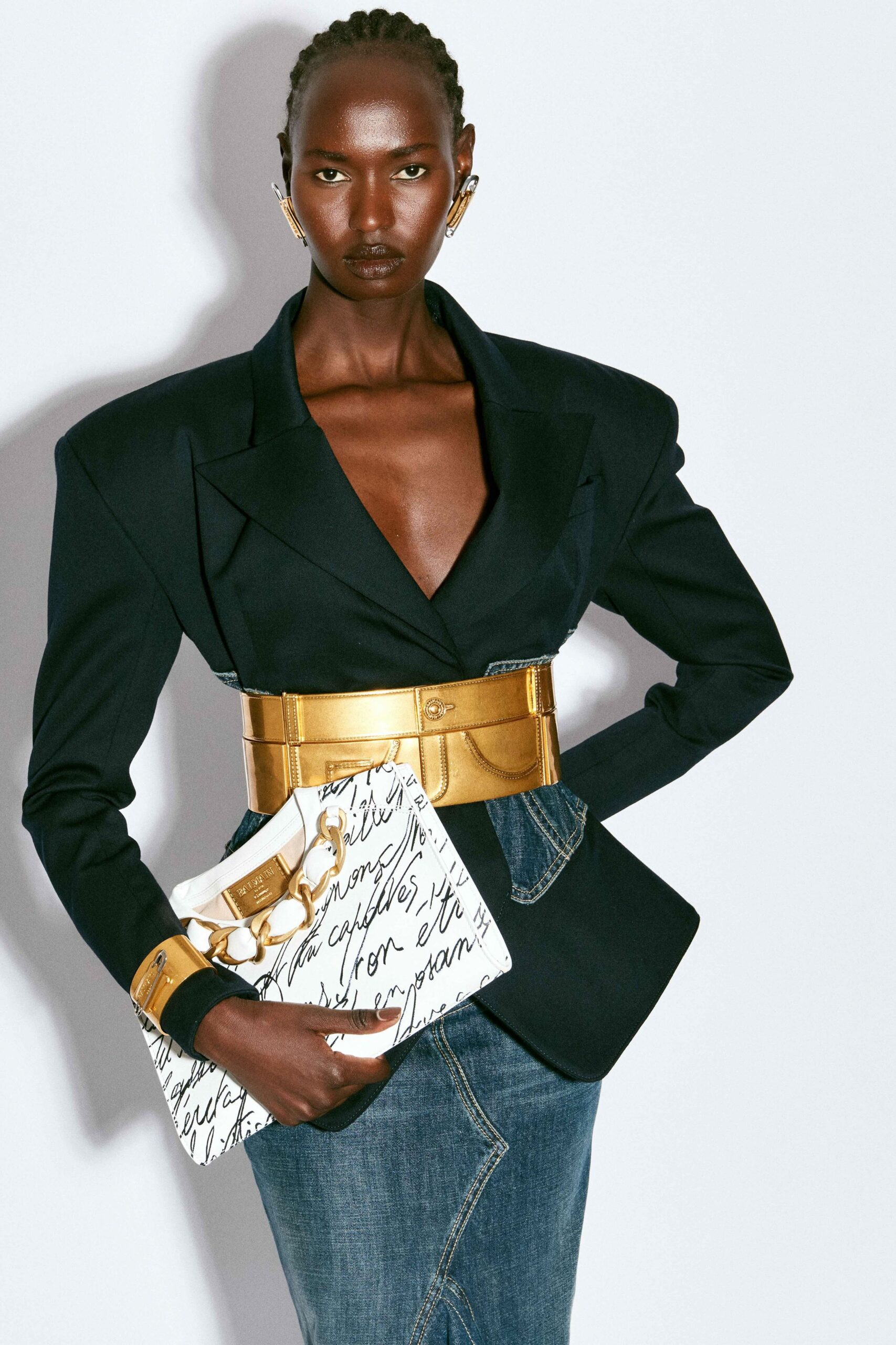 black cotton long-sleeve v-neck structured buttoned blazer