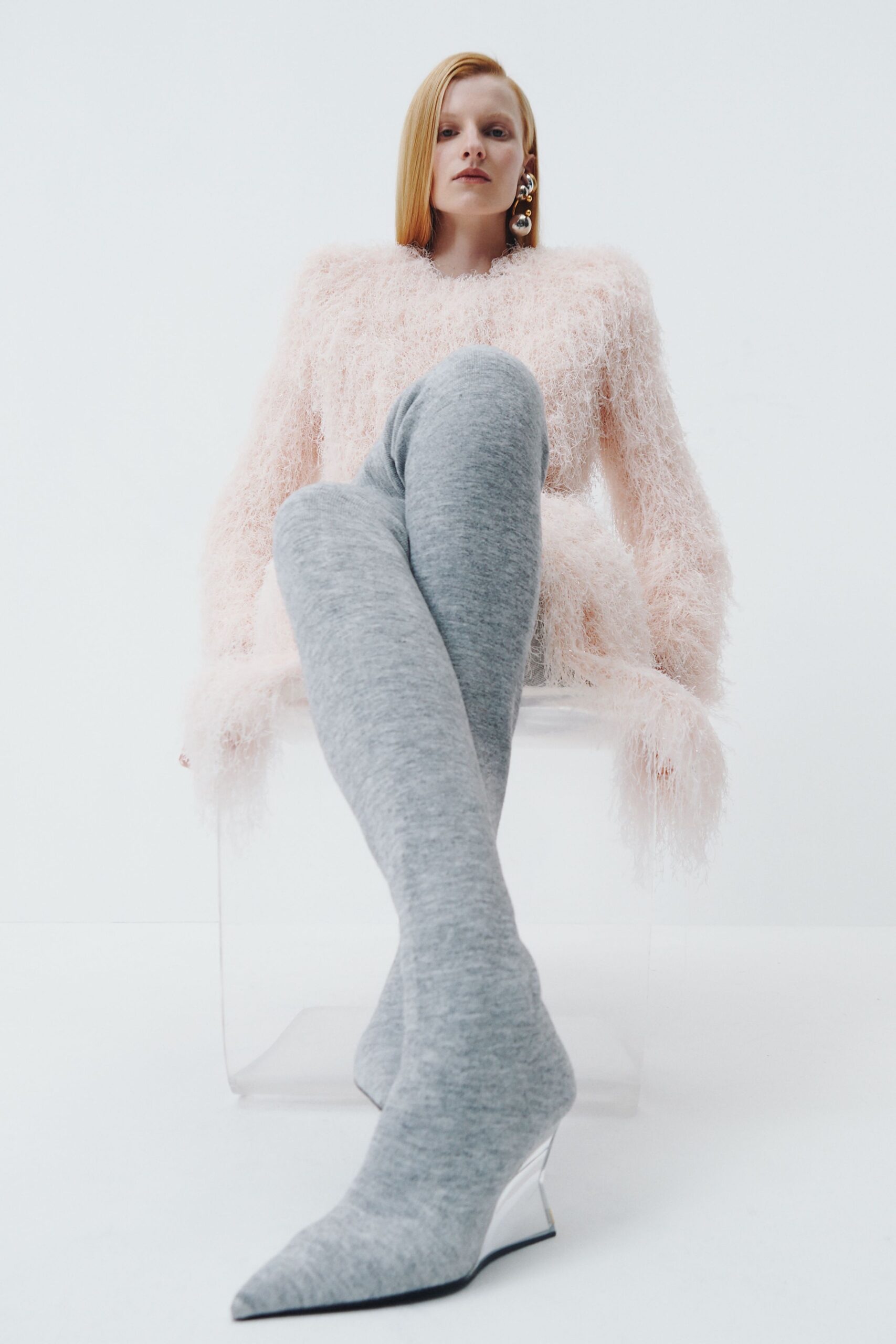 pink feather long-sleeve high-neck oversized textured top