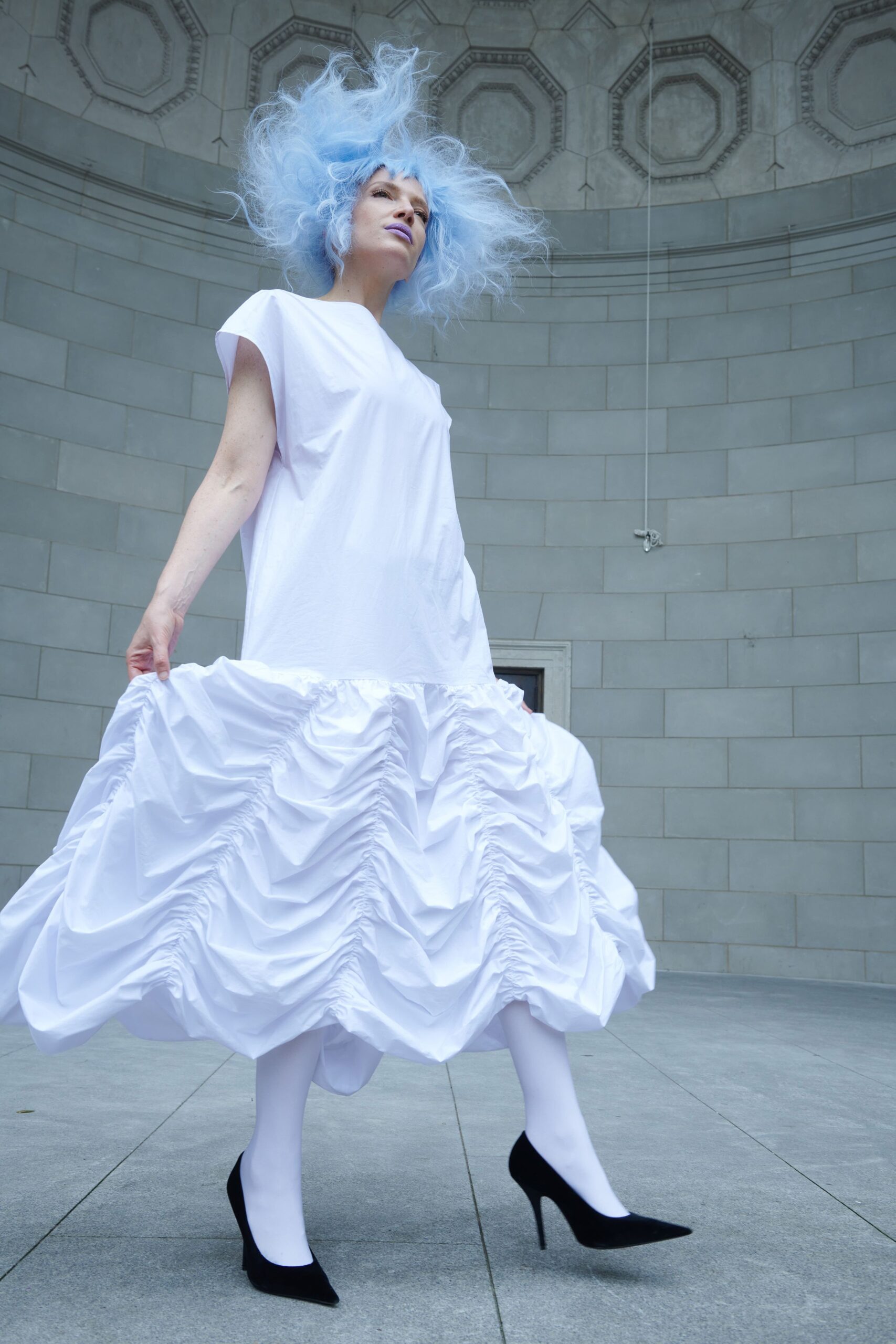 white cotton sleeveless high-neck relaxed ruched layered dress