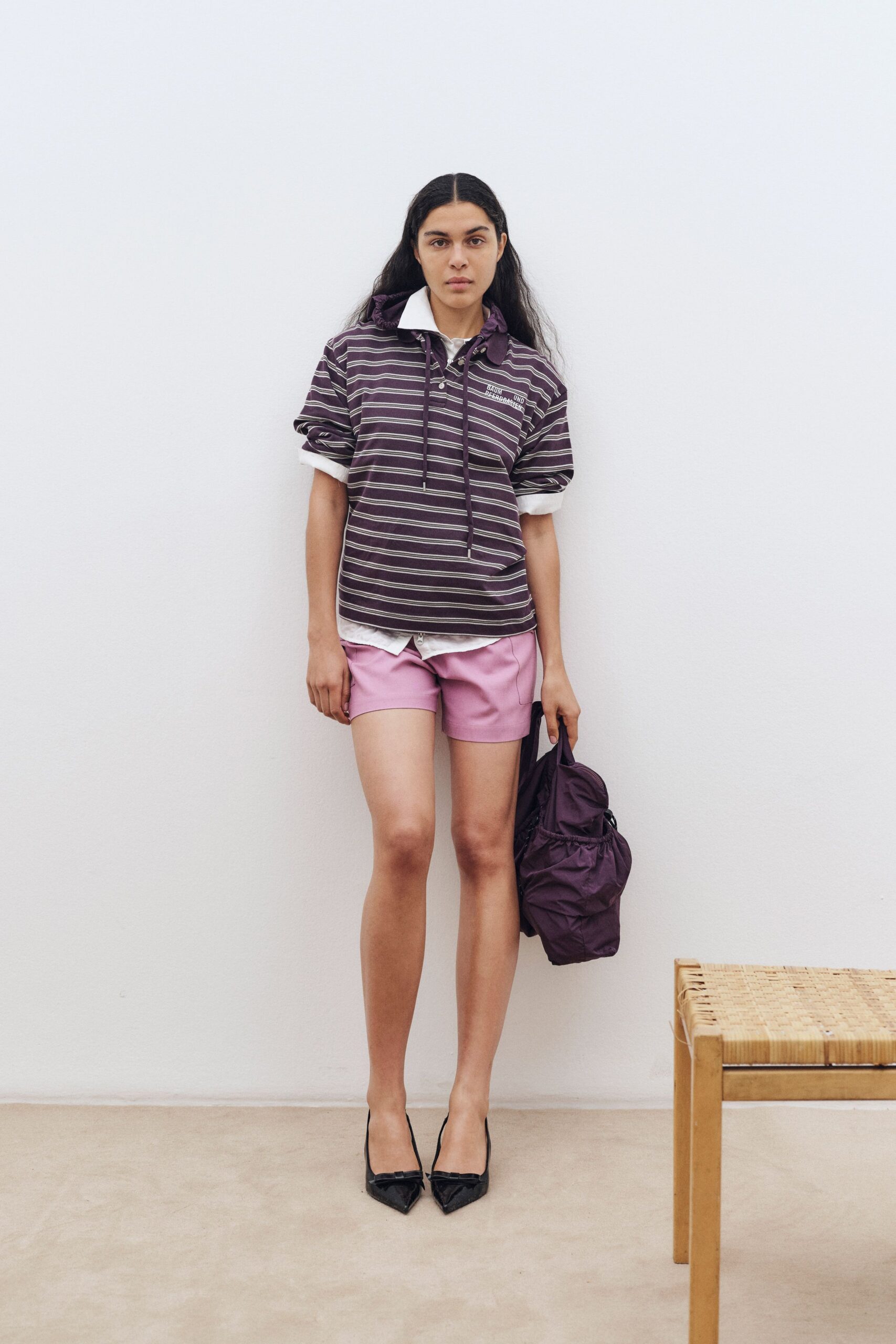purple long-sleeve collared relaxed striped hoodie
