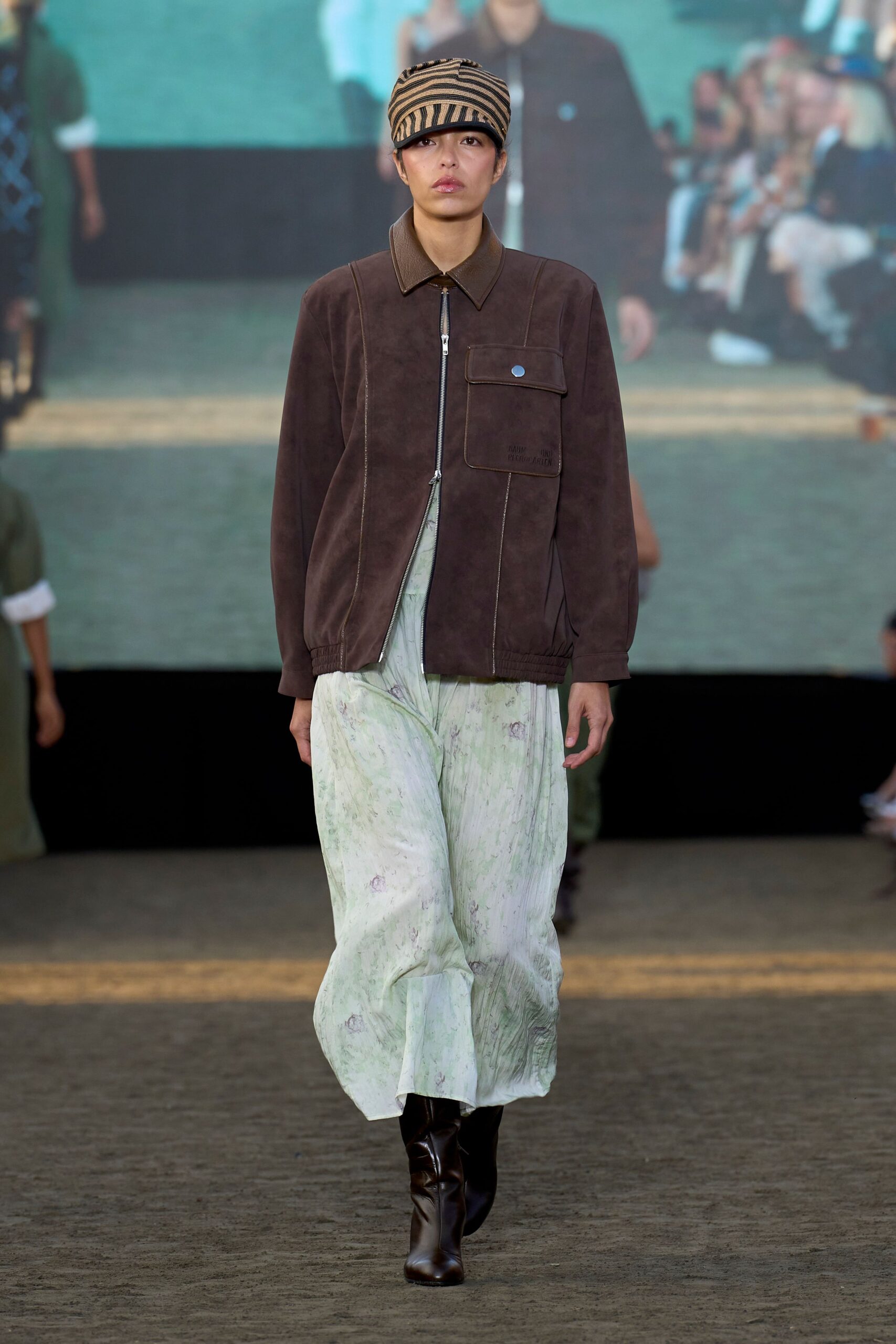 brown suede long-sleeve collared relaxed zippered pockets jacket