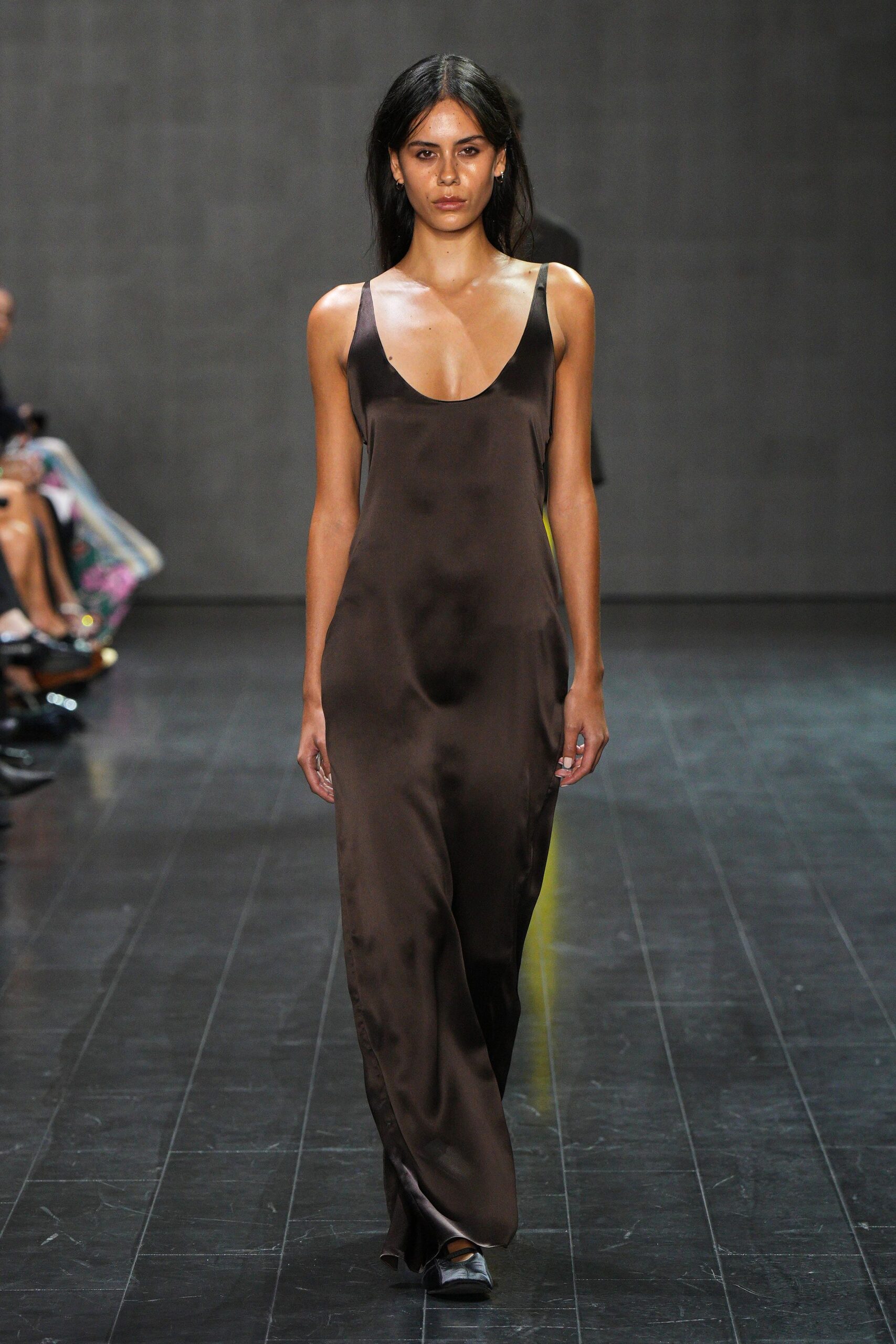 brown silk sleeveless scoop-neck slim shiny maxi gown