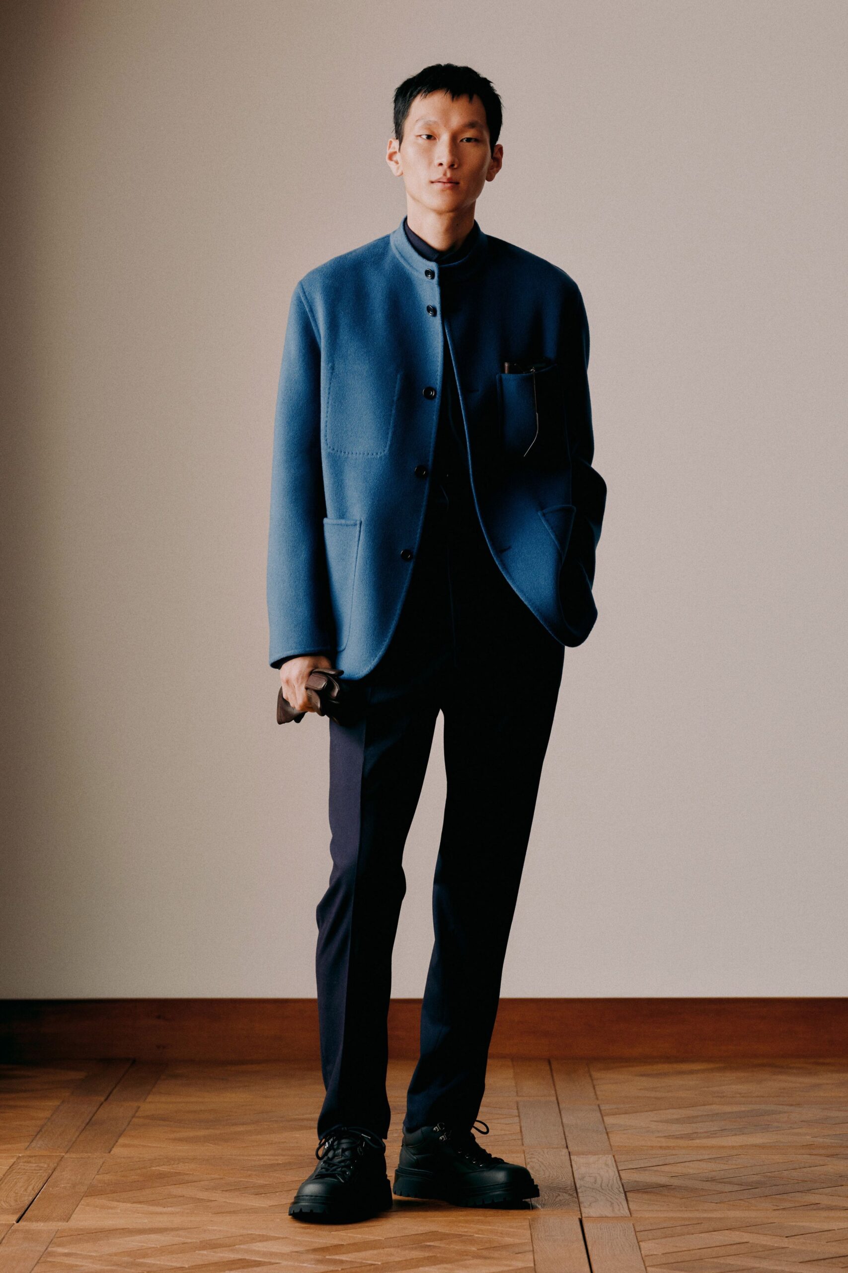 blue wool long-sleeve collared relaxed buttoned jacket