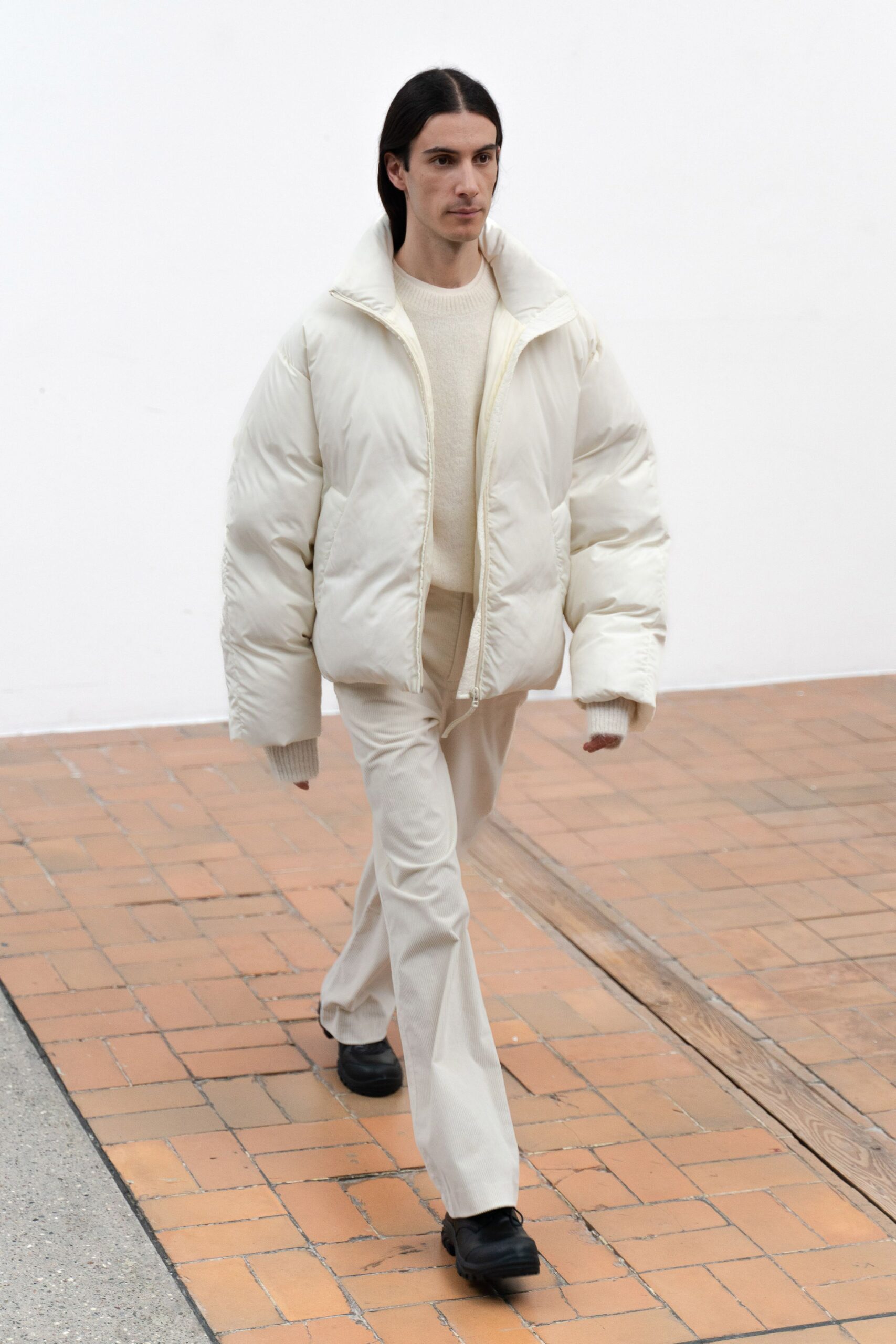 white oversized jacket beige sweater