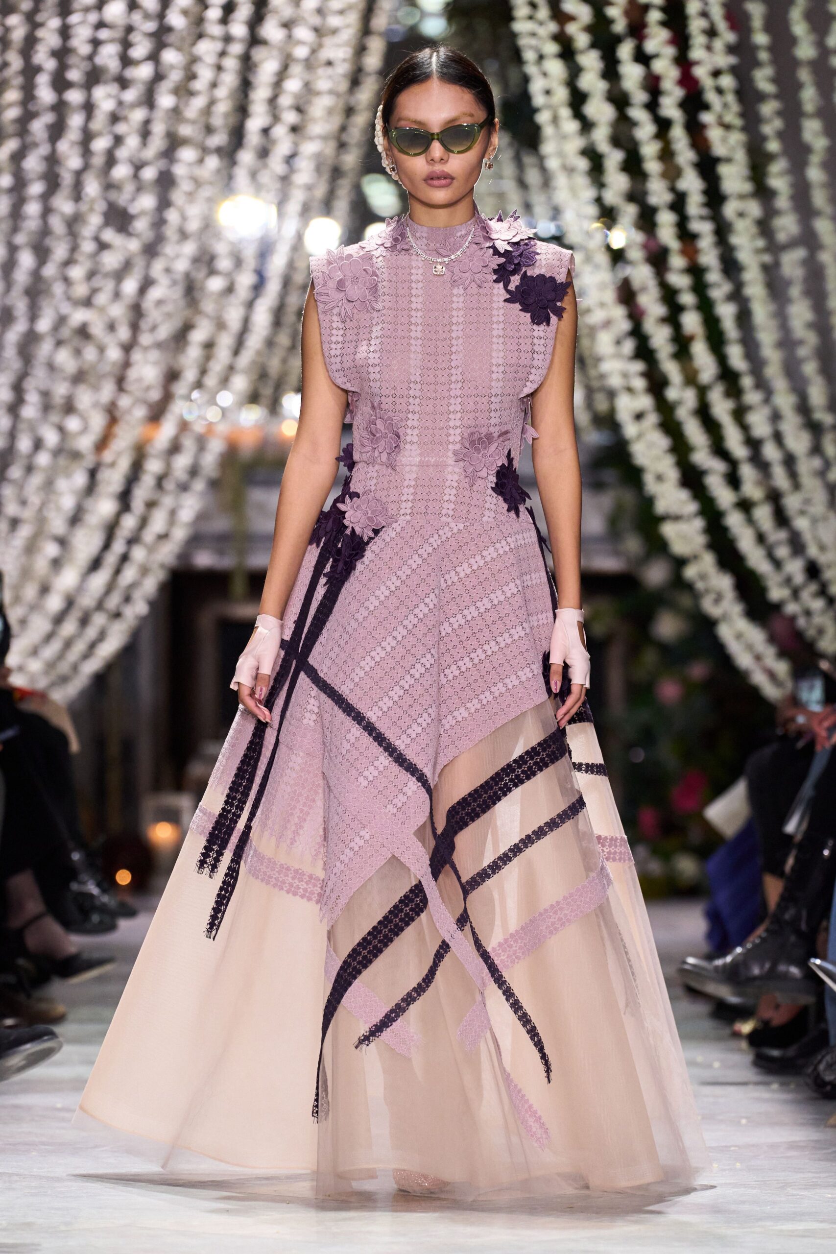 pink silk sleeveless high-neck fitted layered pleated gown