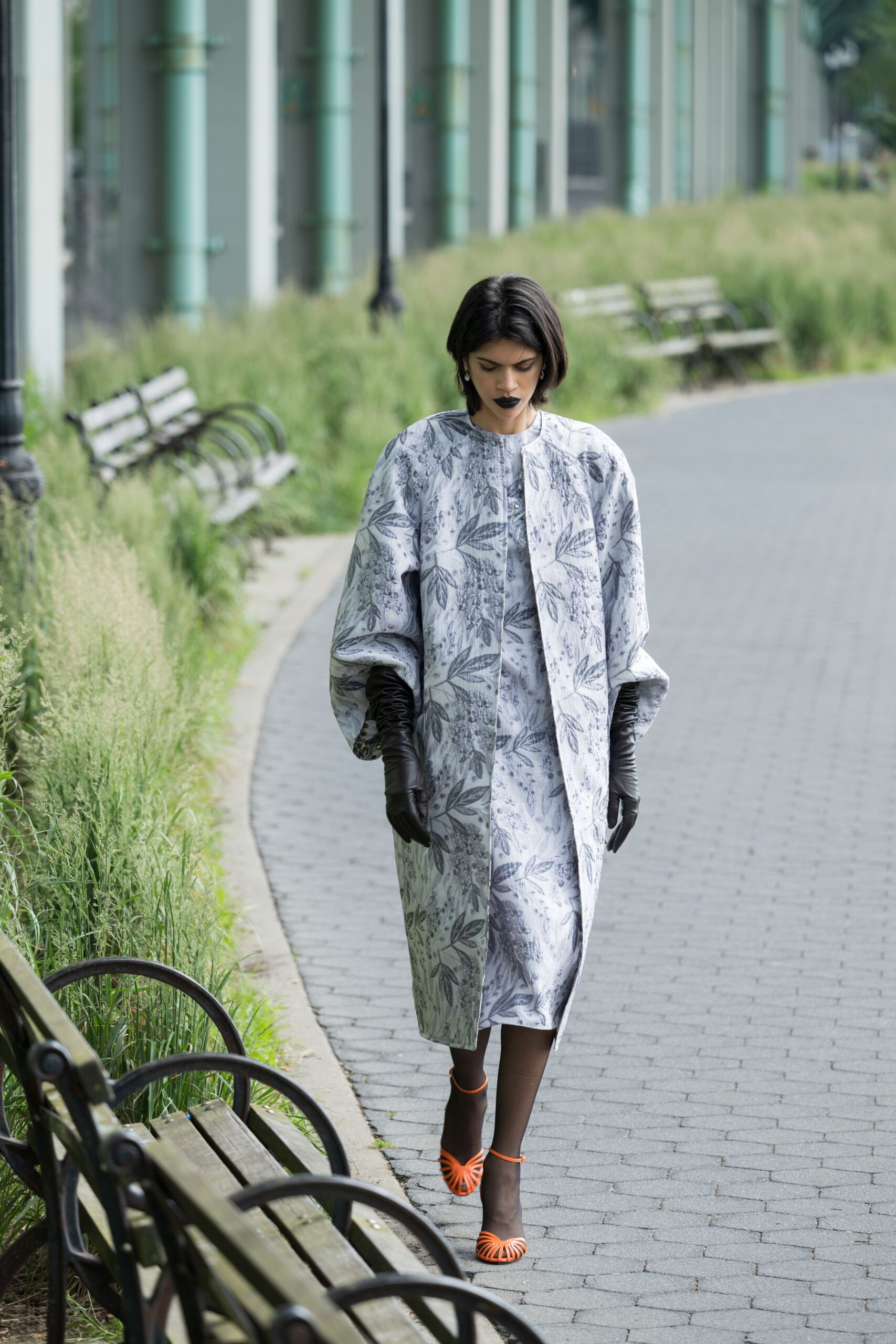 gray cotton long-sleeve collared relaxed printed midi dress