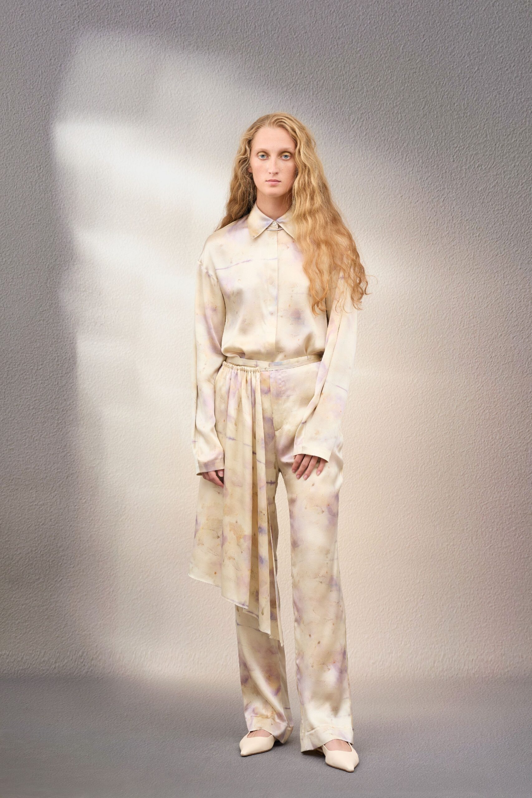 beige silk long-sleeve collared relaxed printed shirt