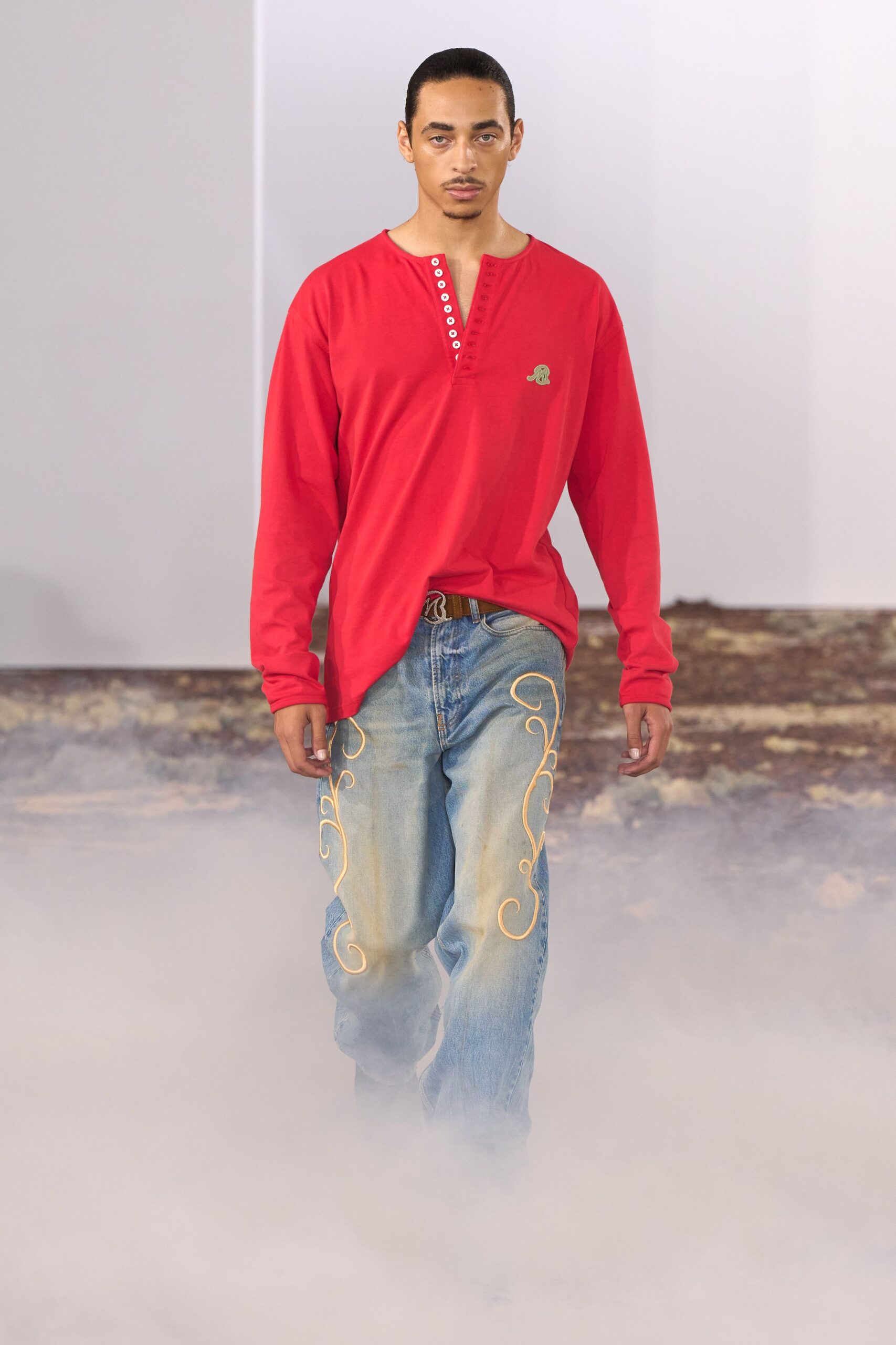 red cotton long-sleeve v-neck relaxed buttoned embroidered shirt