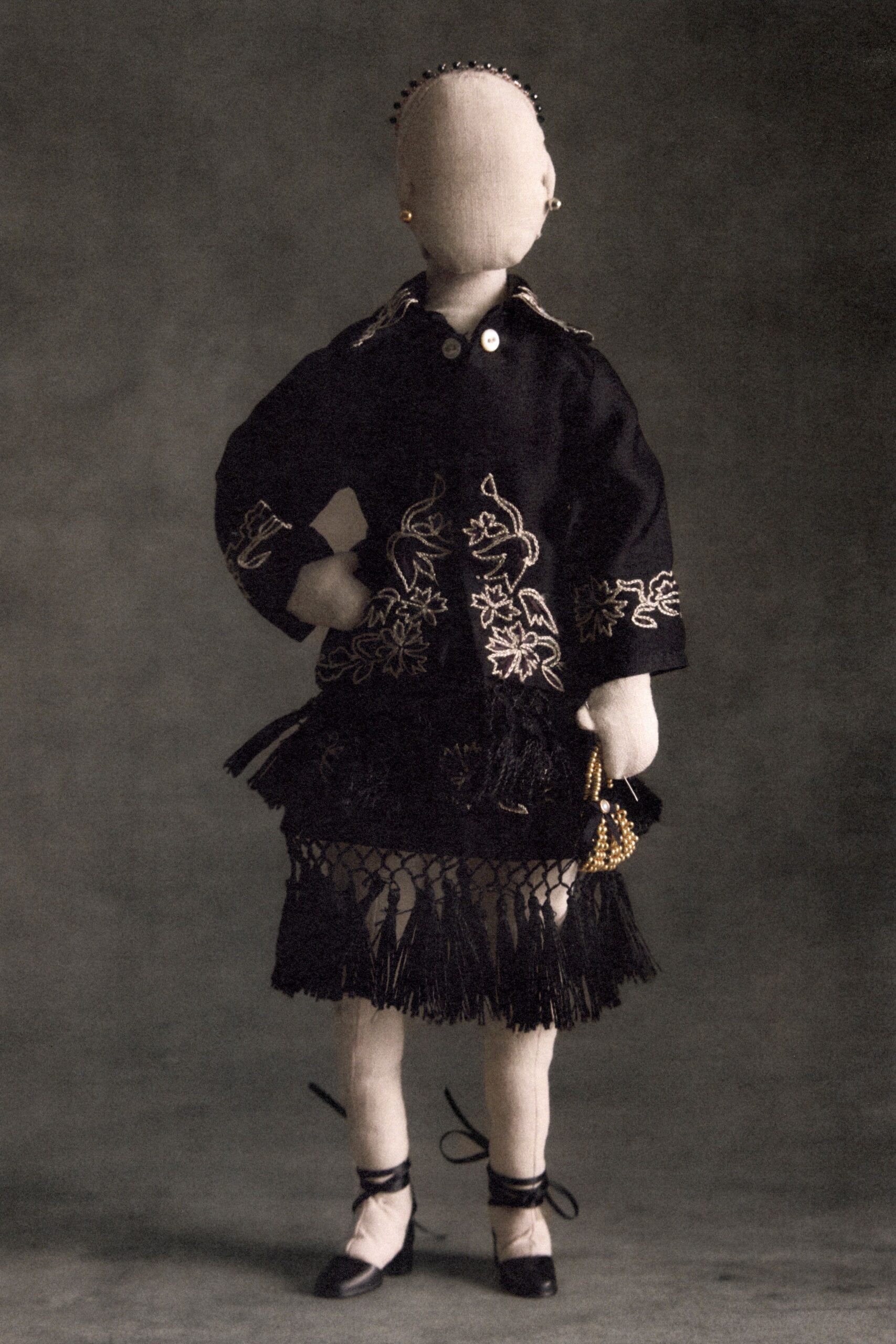 black wool long-sleeve collared oversized buttoned embroidered jacket