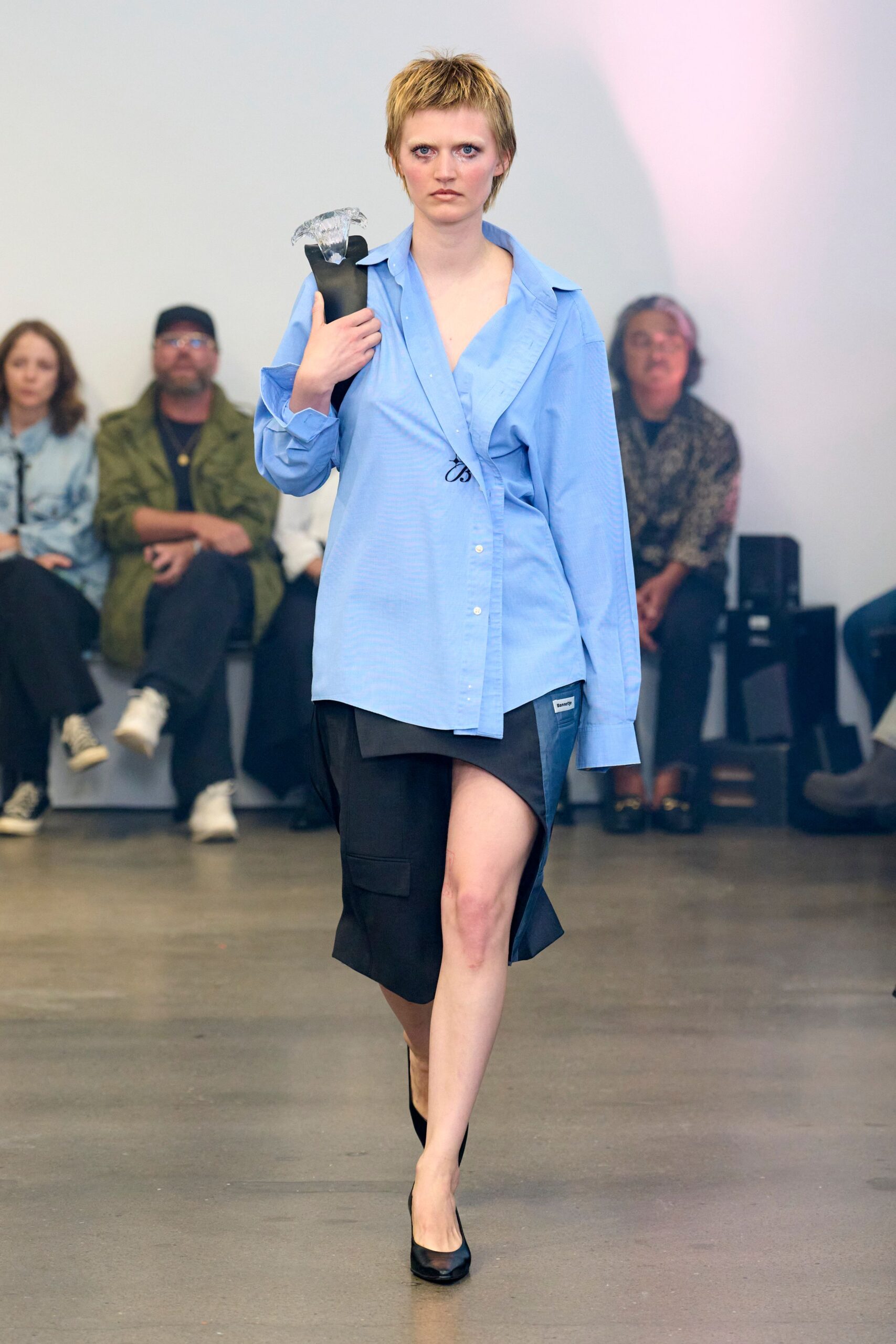 blue cotton long-sleeve collared oversized longline buttoned shirt