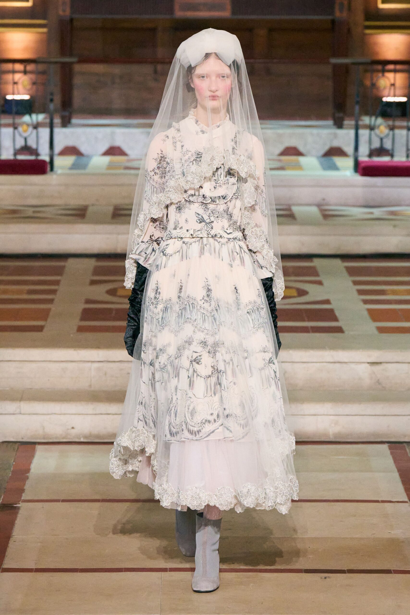 white silk long-sleeve high-neck fitted embroidered layered dress