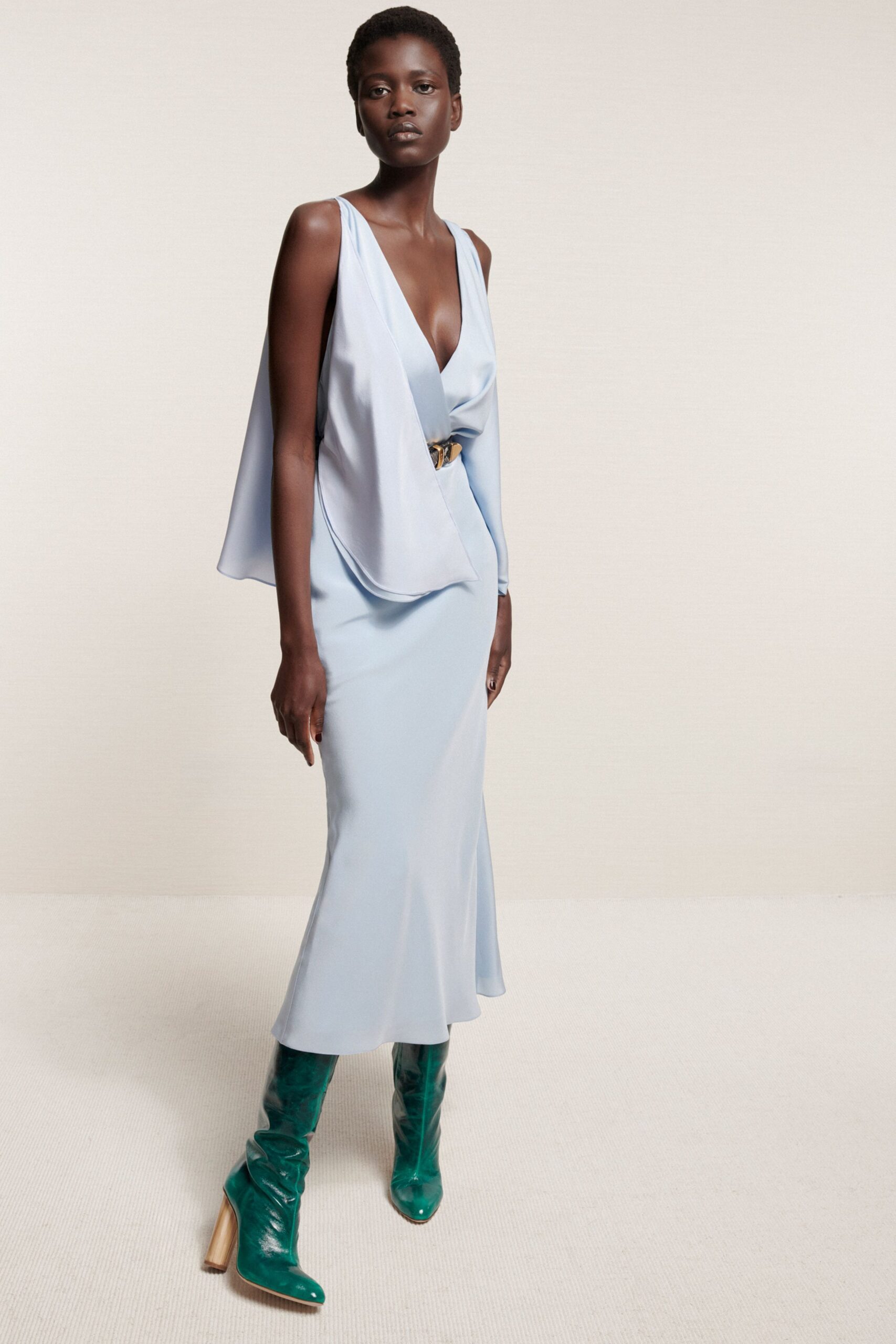blue silk sleeveless dress