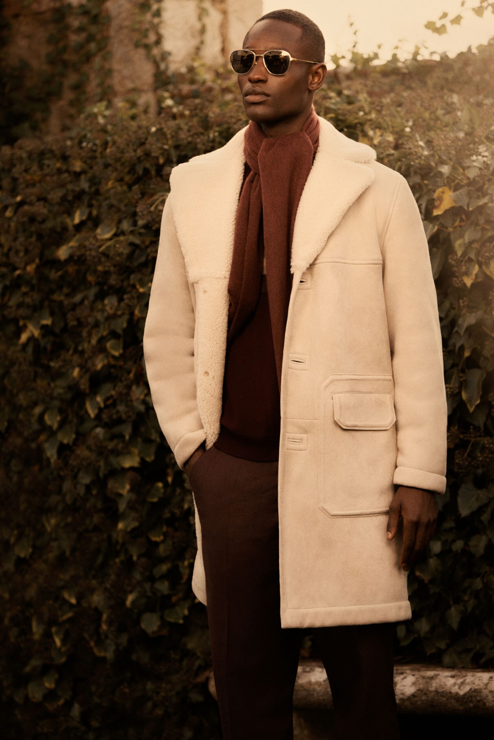 beige wool coat with brown sweater