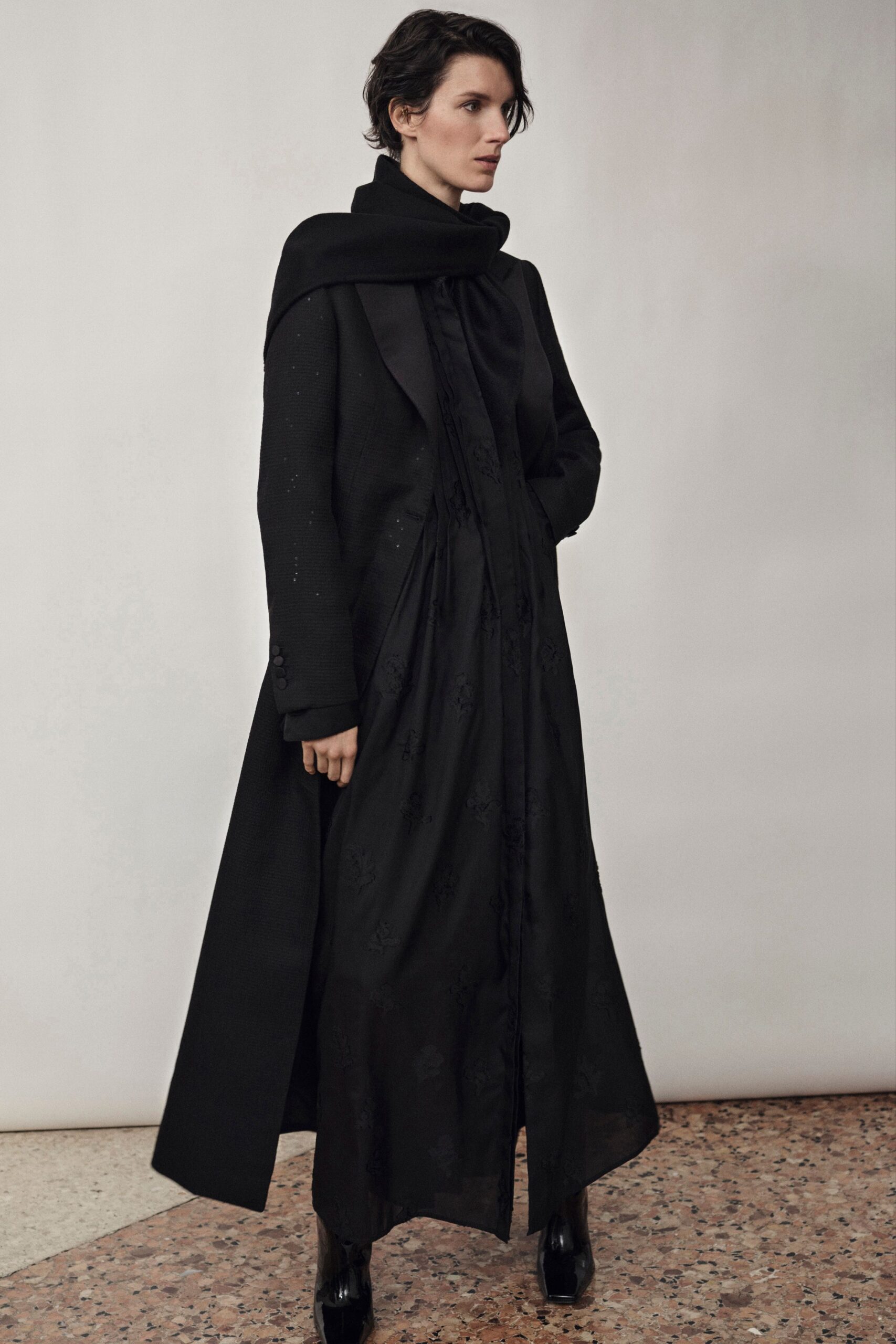 black wool long-sleeve collared fitted draped maxi coat