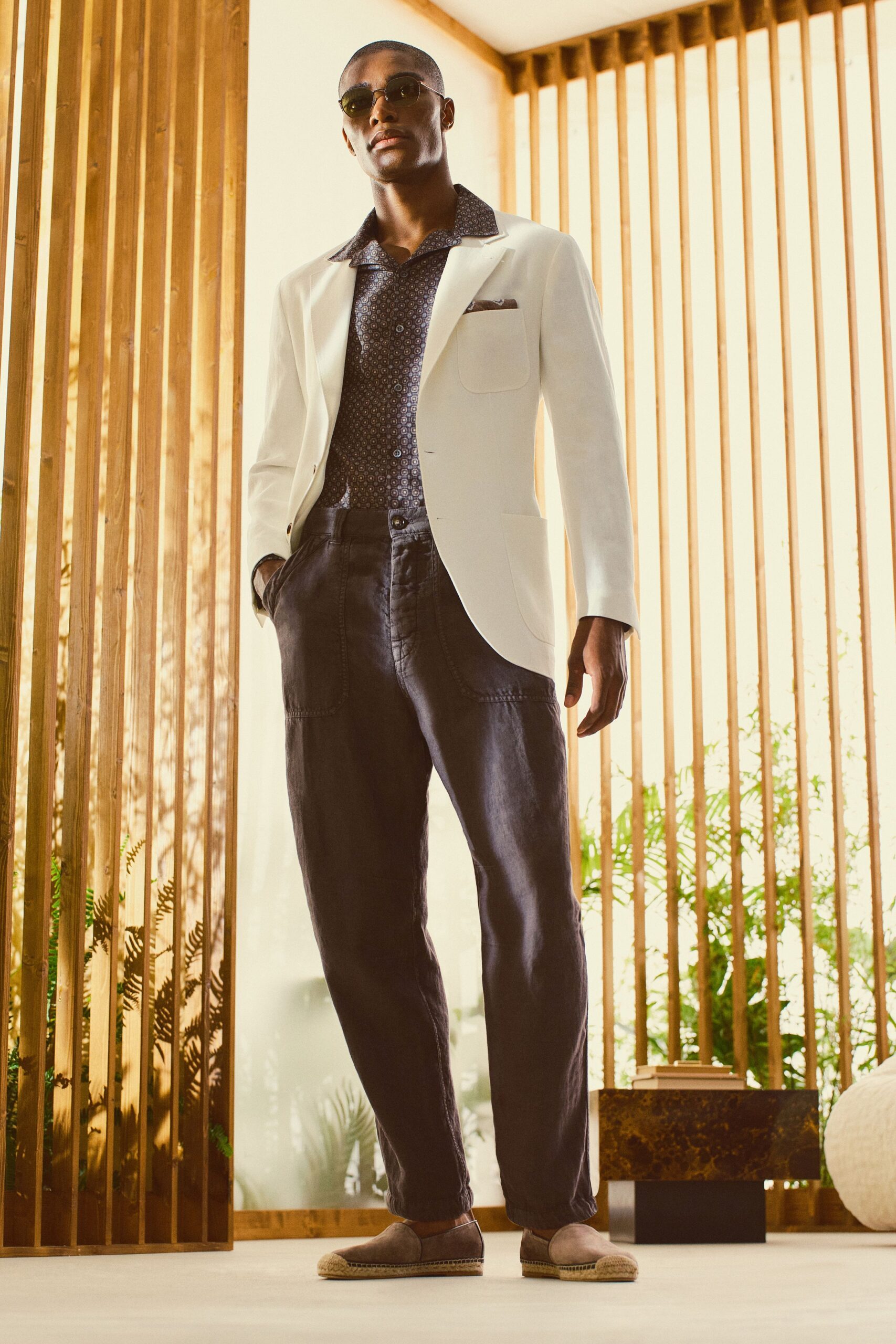 white tailored blazer with printed shirt