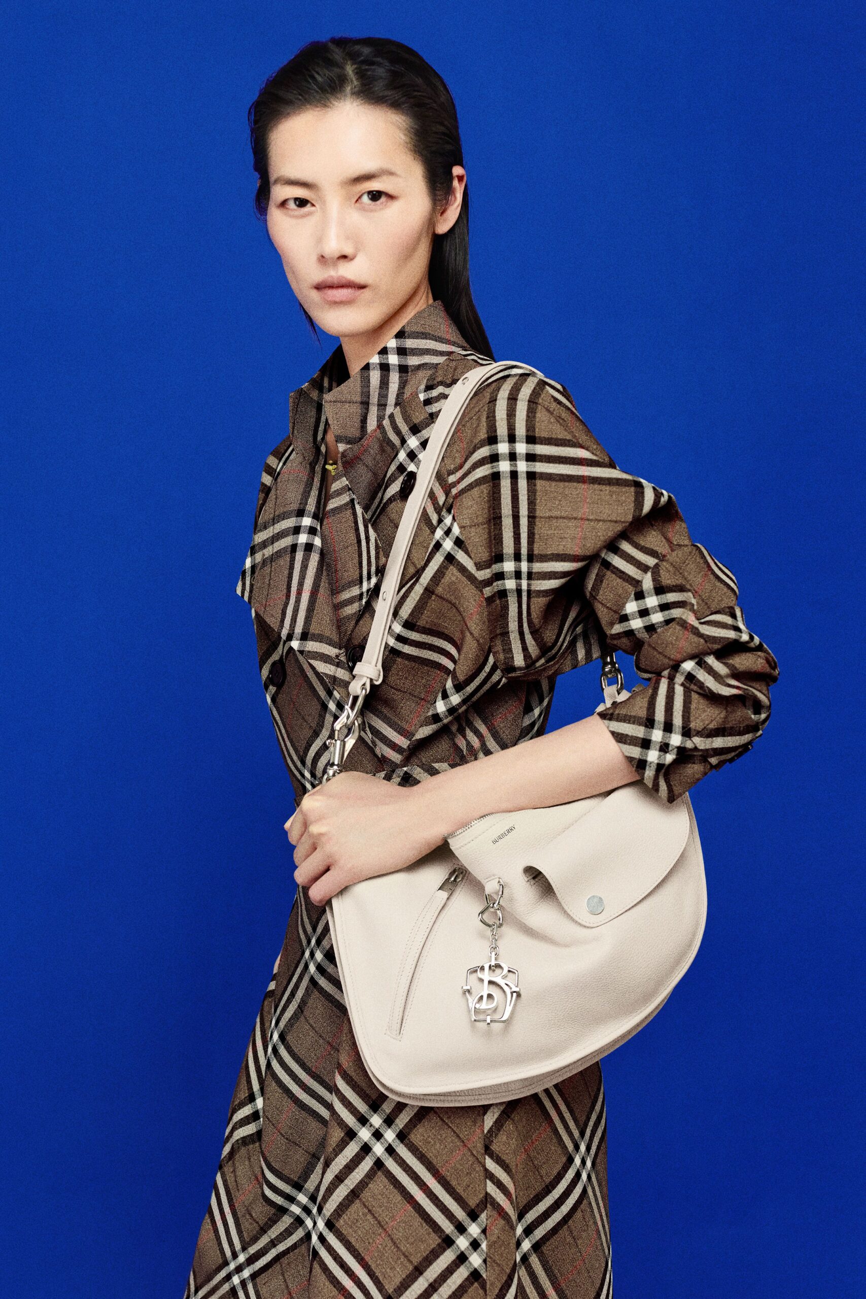 brown cotton long-sleeve collared relaxed checked midi shirt-dress