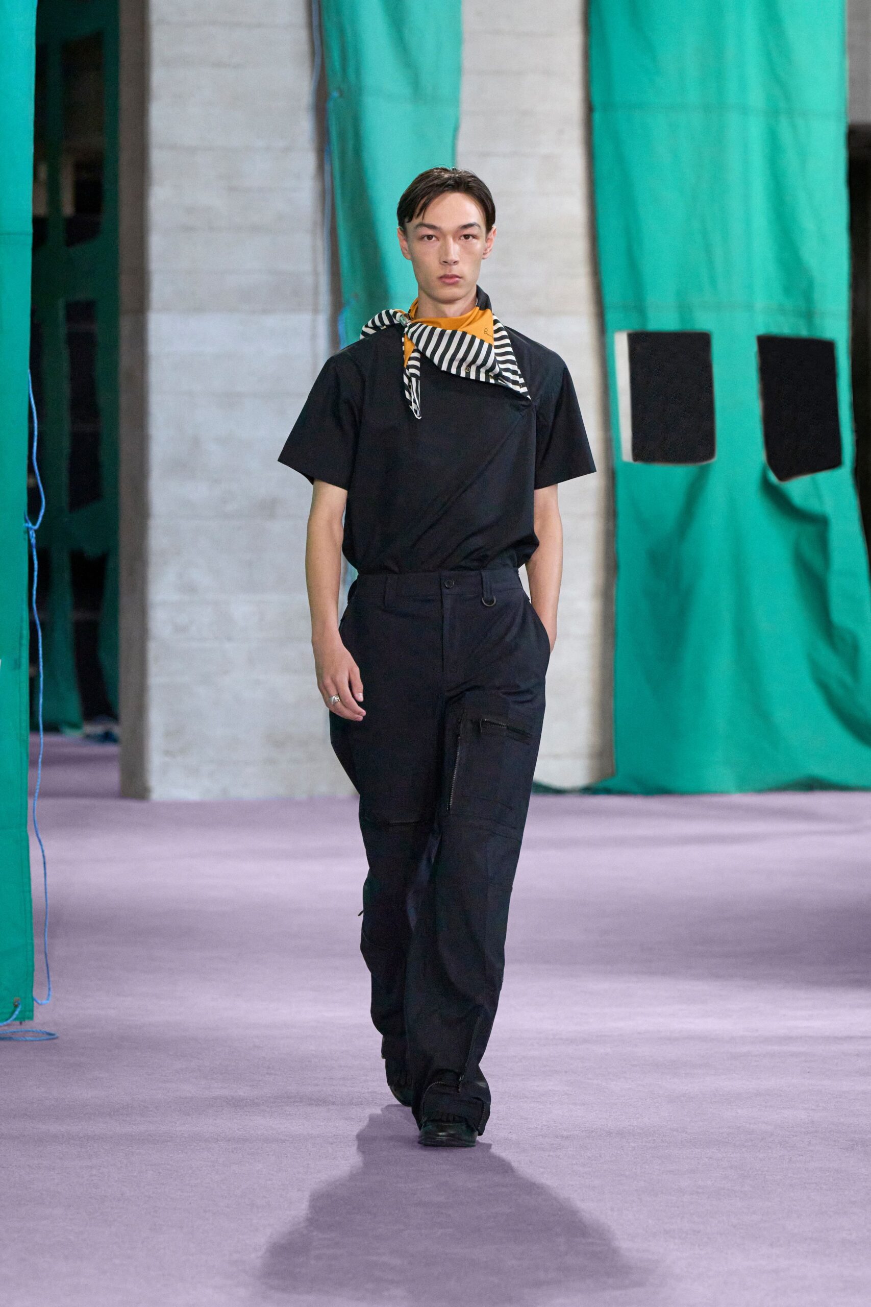 black relaxed t-shirt and cargo pants