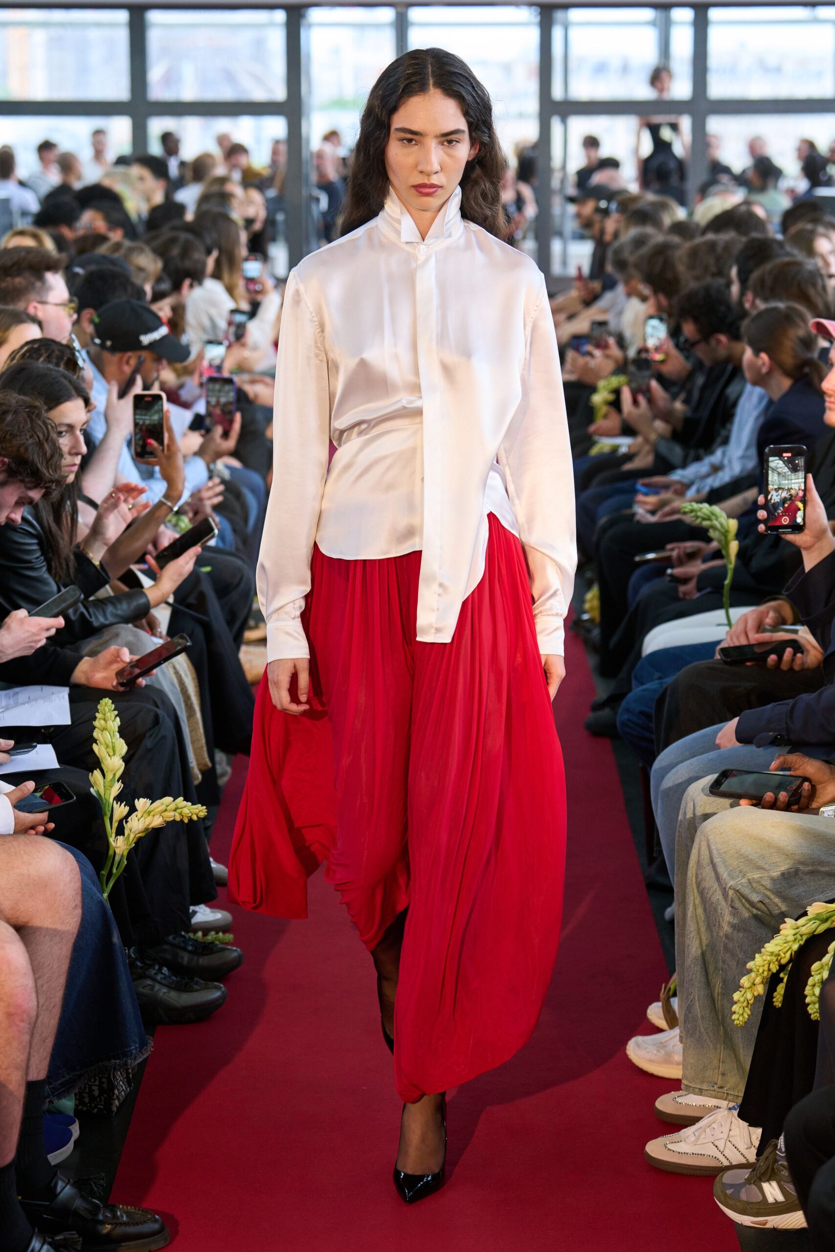 red chiffon relaxed high-waisted pleated flowing skirt
