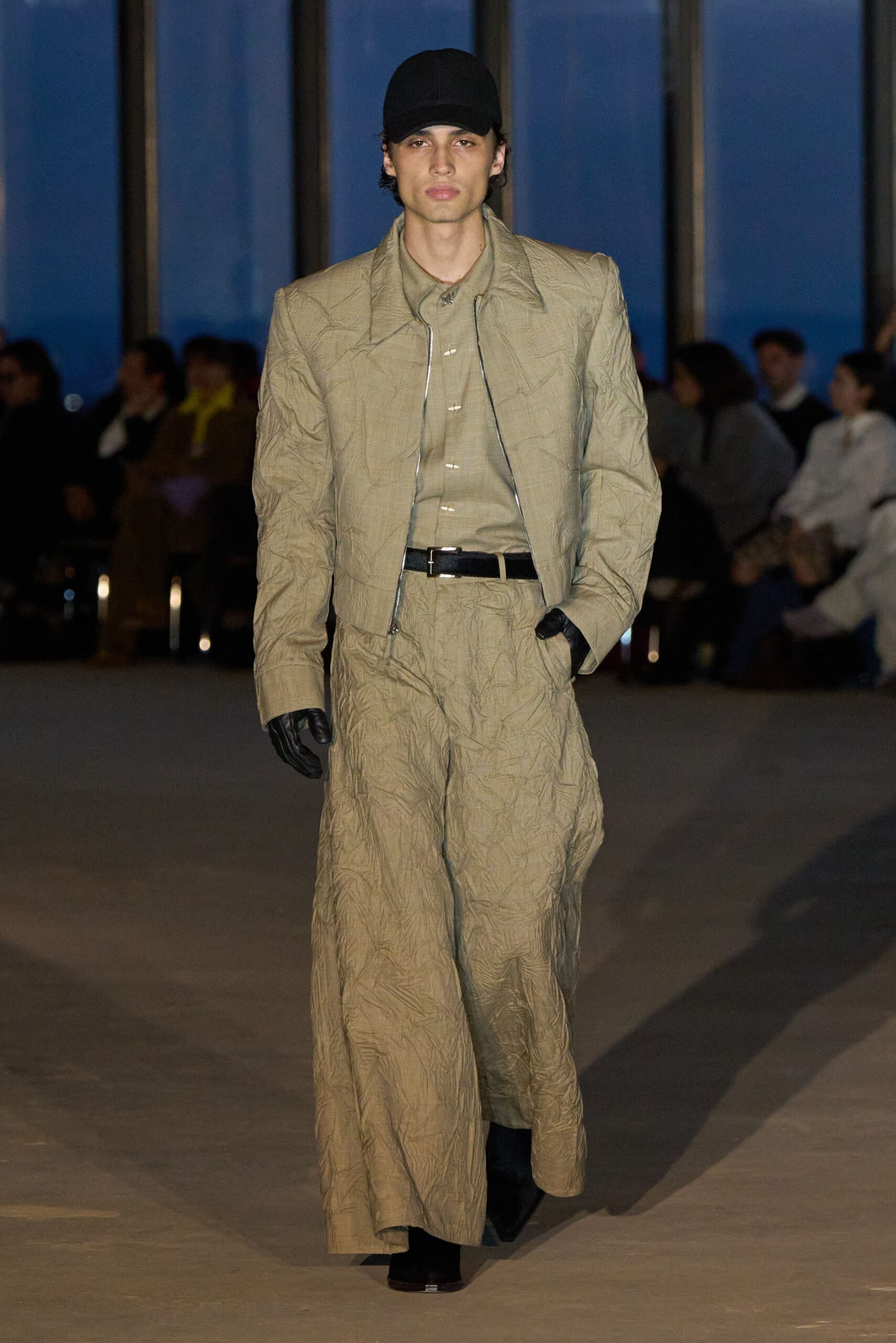 beige relaxed jacket with black accessories
