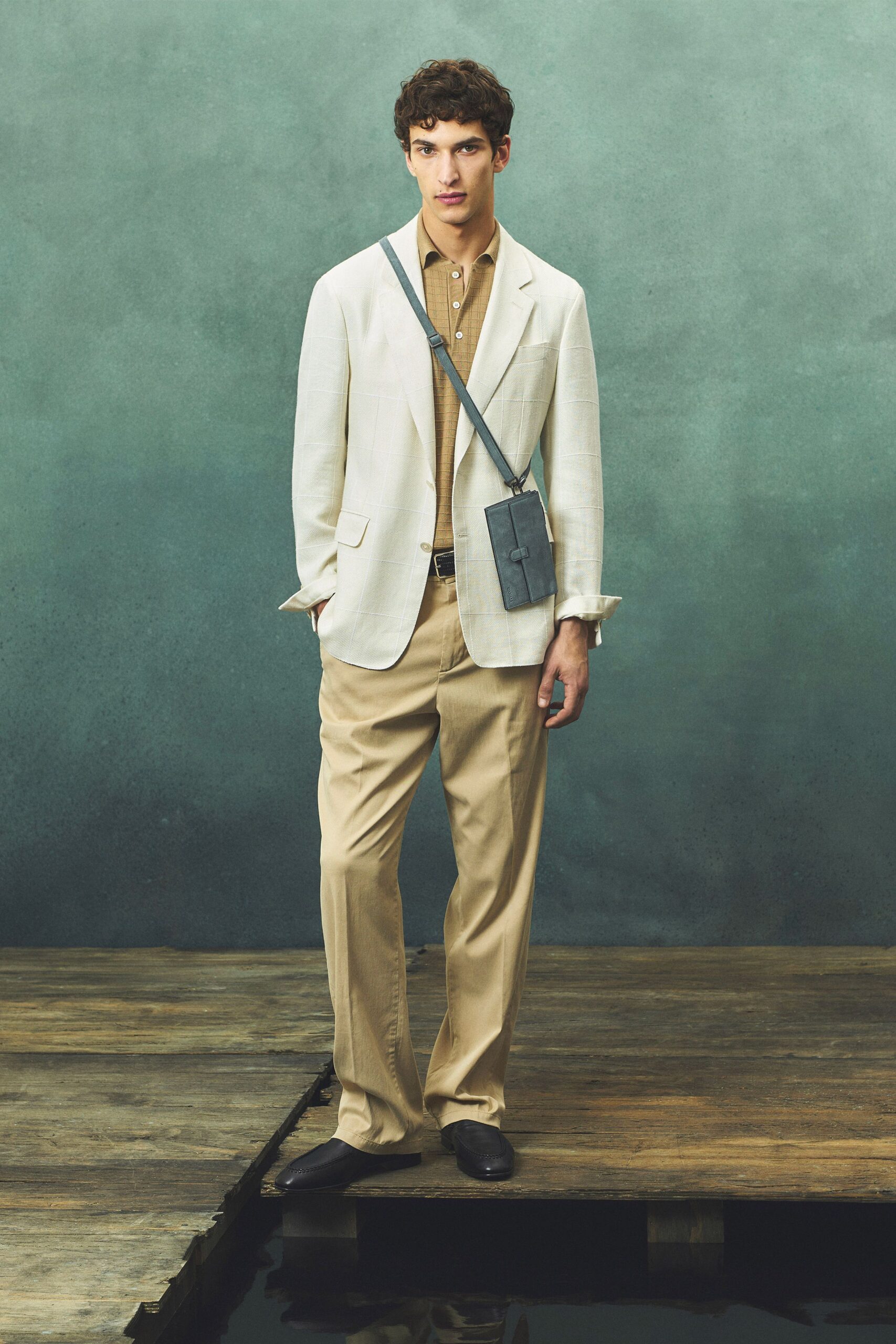 white tailored blazer beige shirt pants