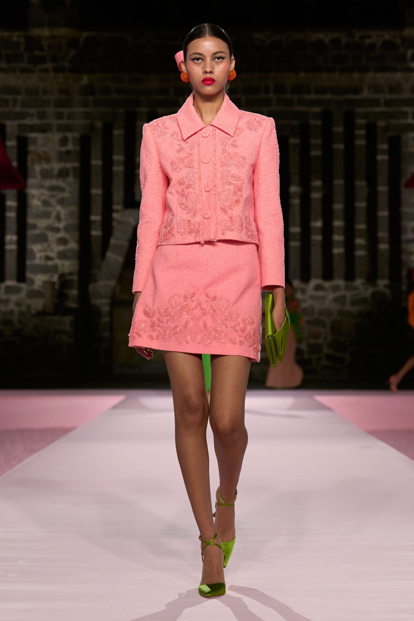 pink embroidered blazer and skirt