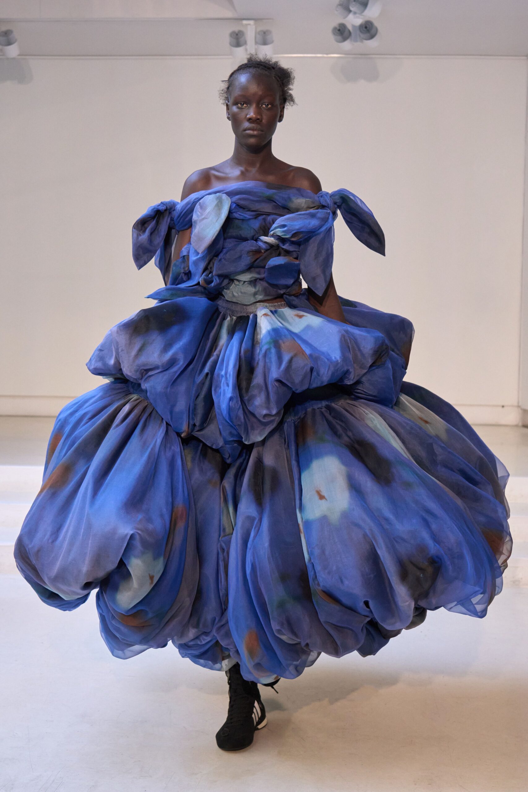 blue silk sleeveless off-shoulder relaxed layered draped gown