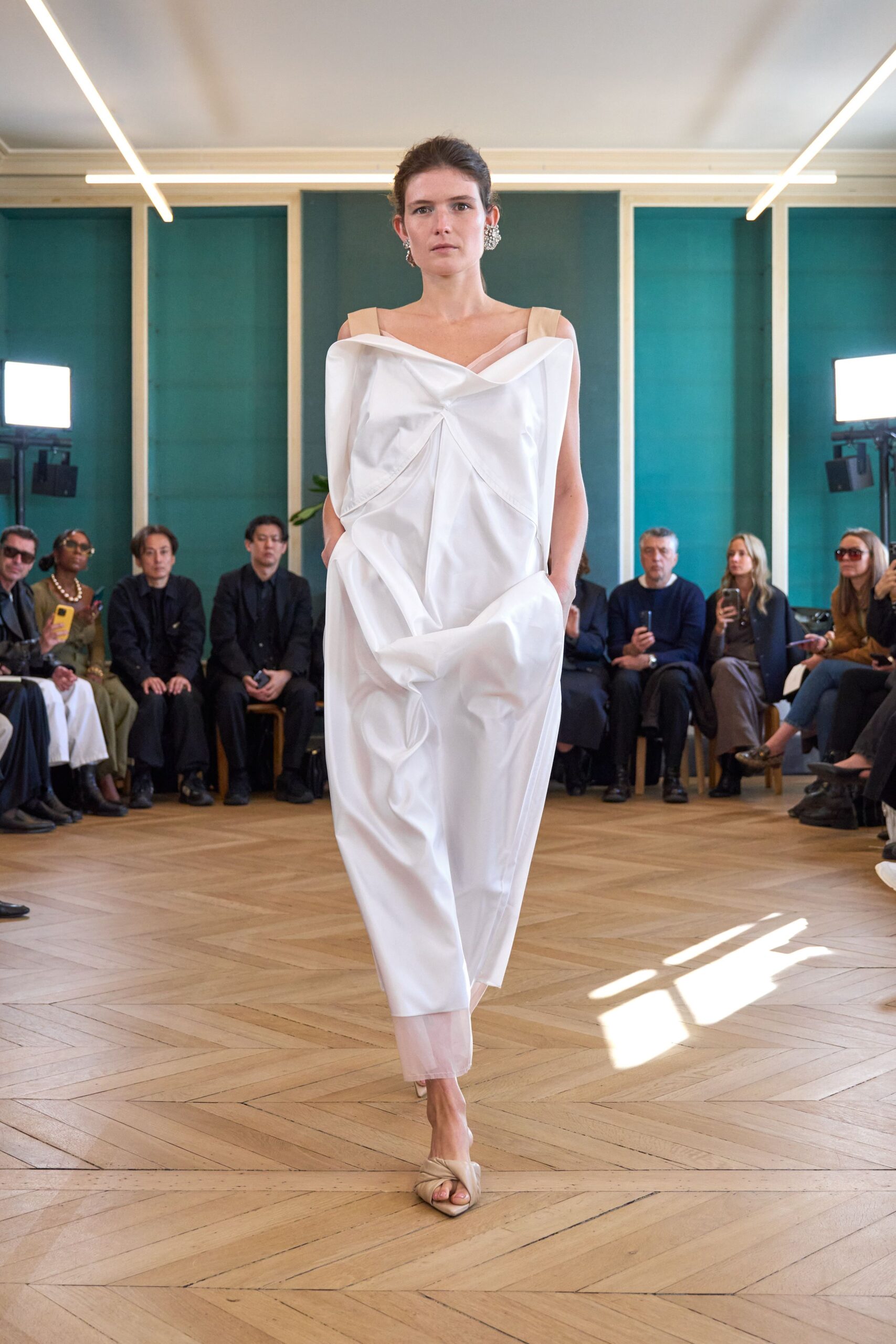 white relaxed draped midi dress