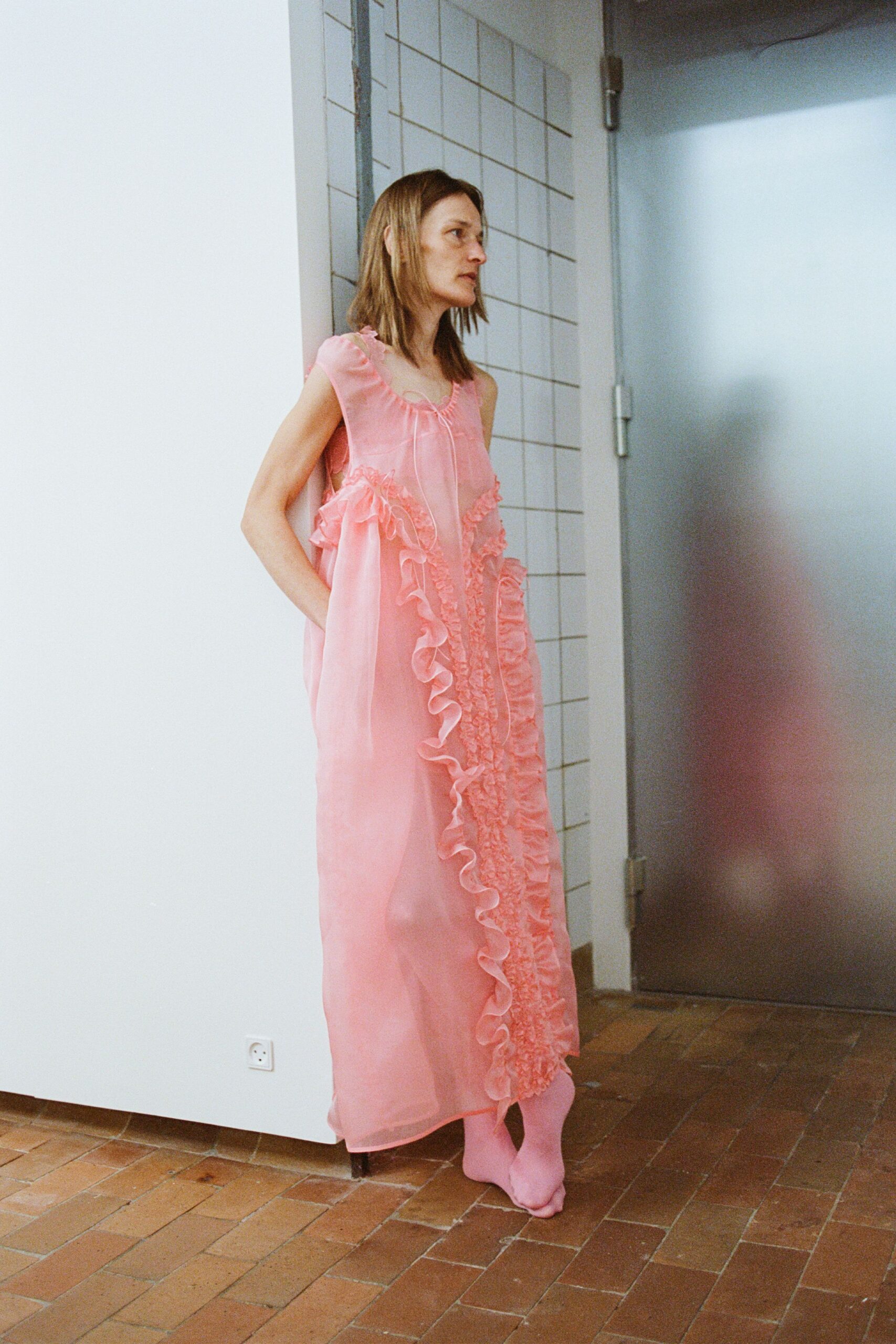 pink chiffon sleeveless v-neck relaxed ruffled layered dress