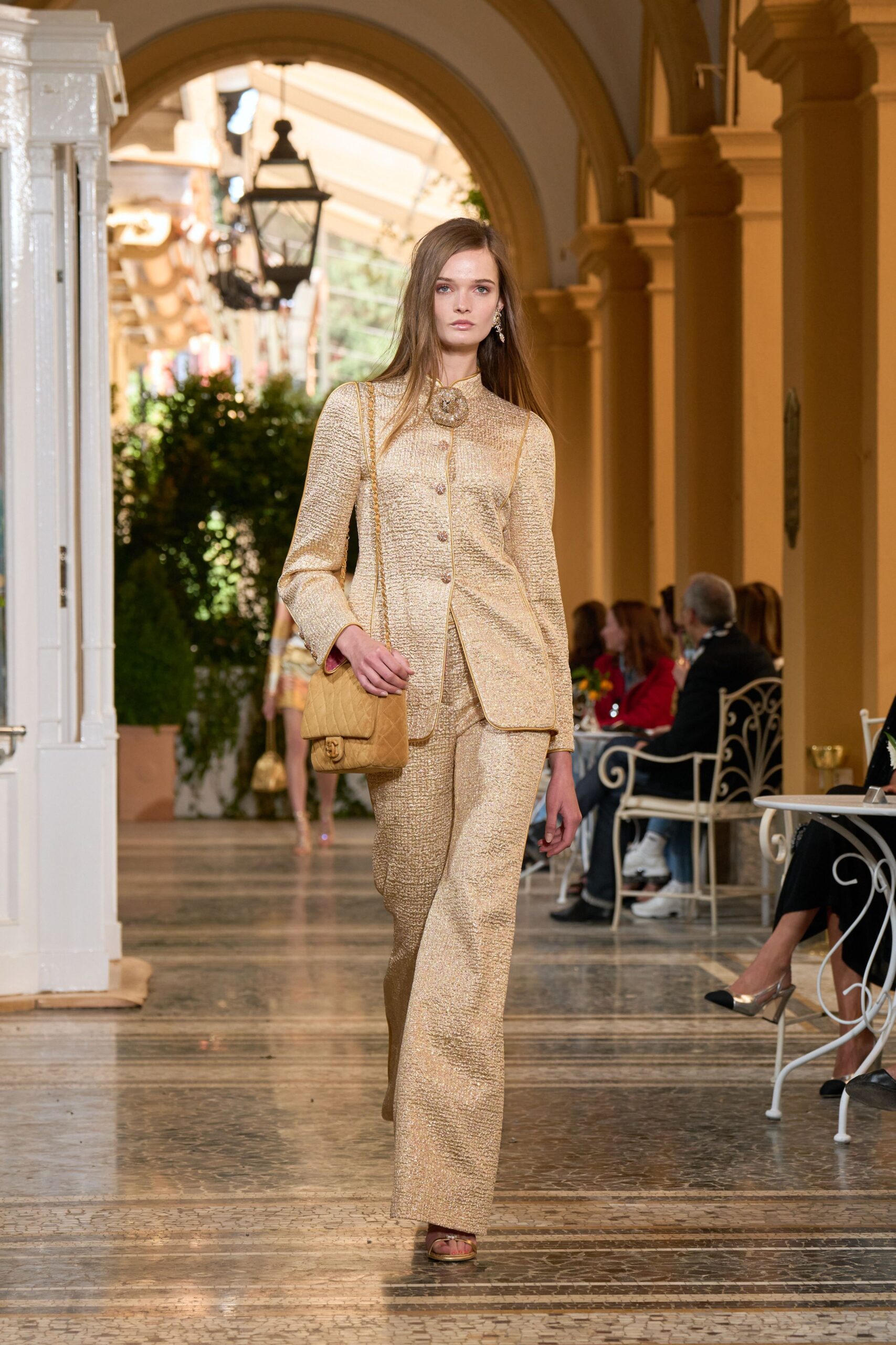gold tweed long-sleeve collared structured buttoned pockets jacket