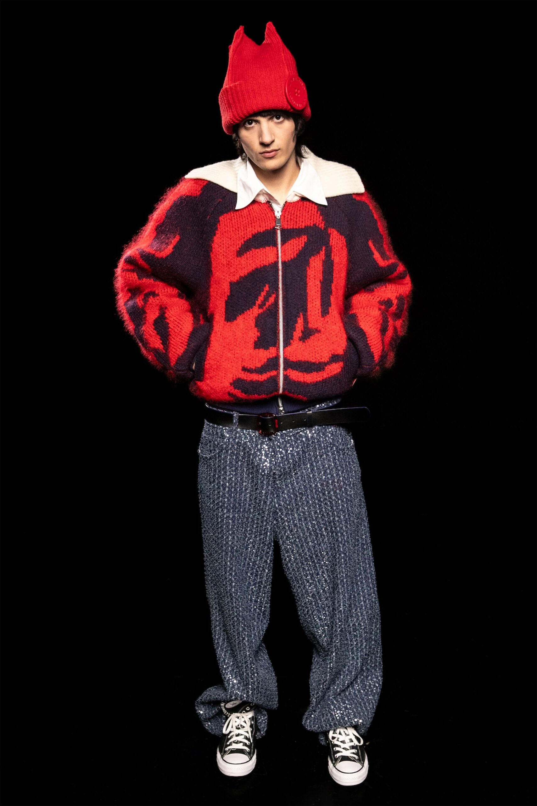 red wool long-sleeve collared relaxed printed sweater