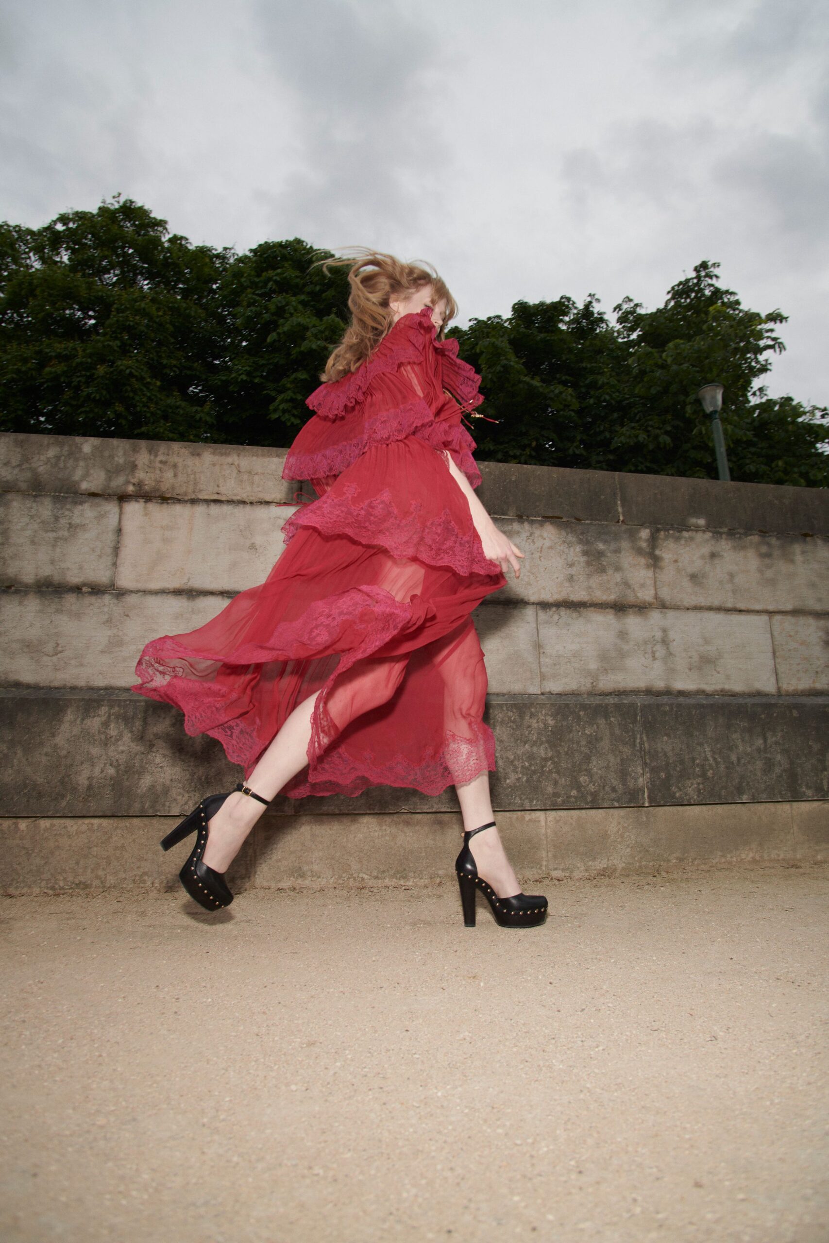 red chiffon long-sleeve high-neck relaxed ruffled layered dress