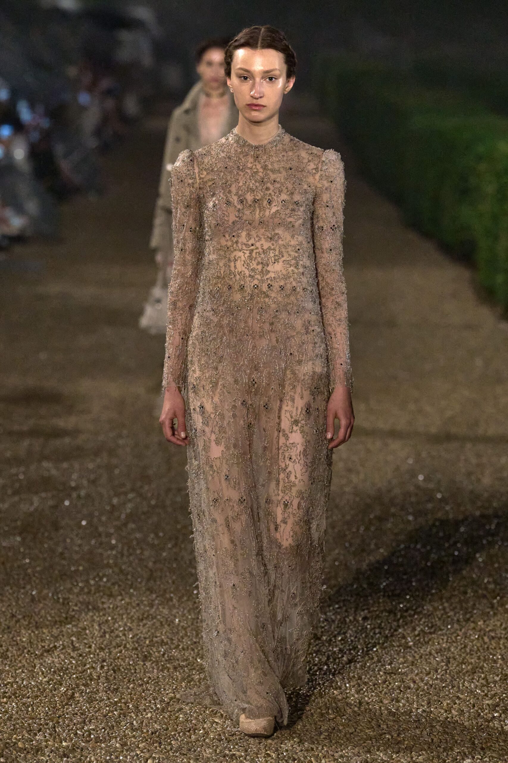 beige sequin long-sleeve high-neck fitted embellished draped gown