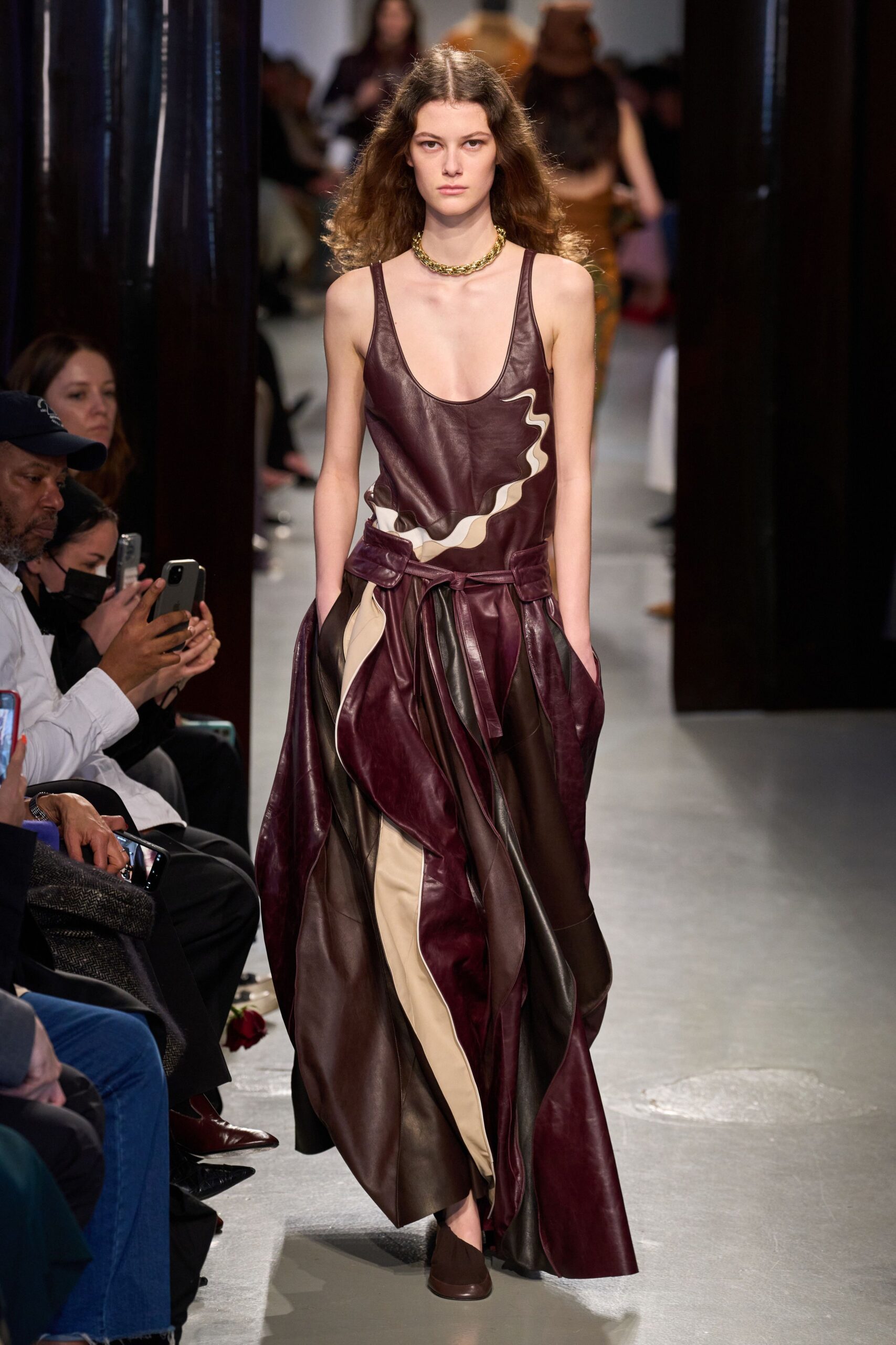 maroon leather sleeveless v-neck fitted draped maxi dress