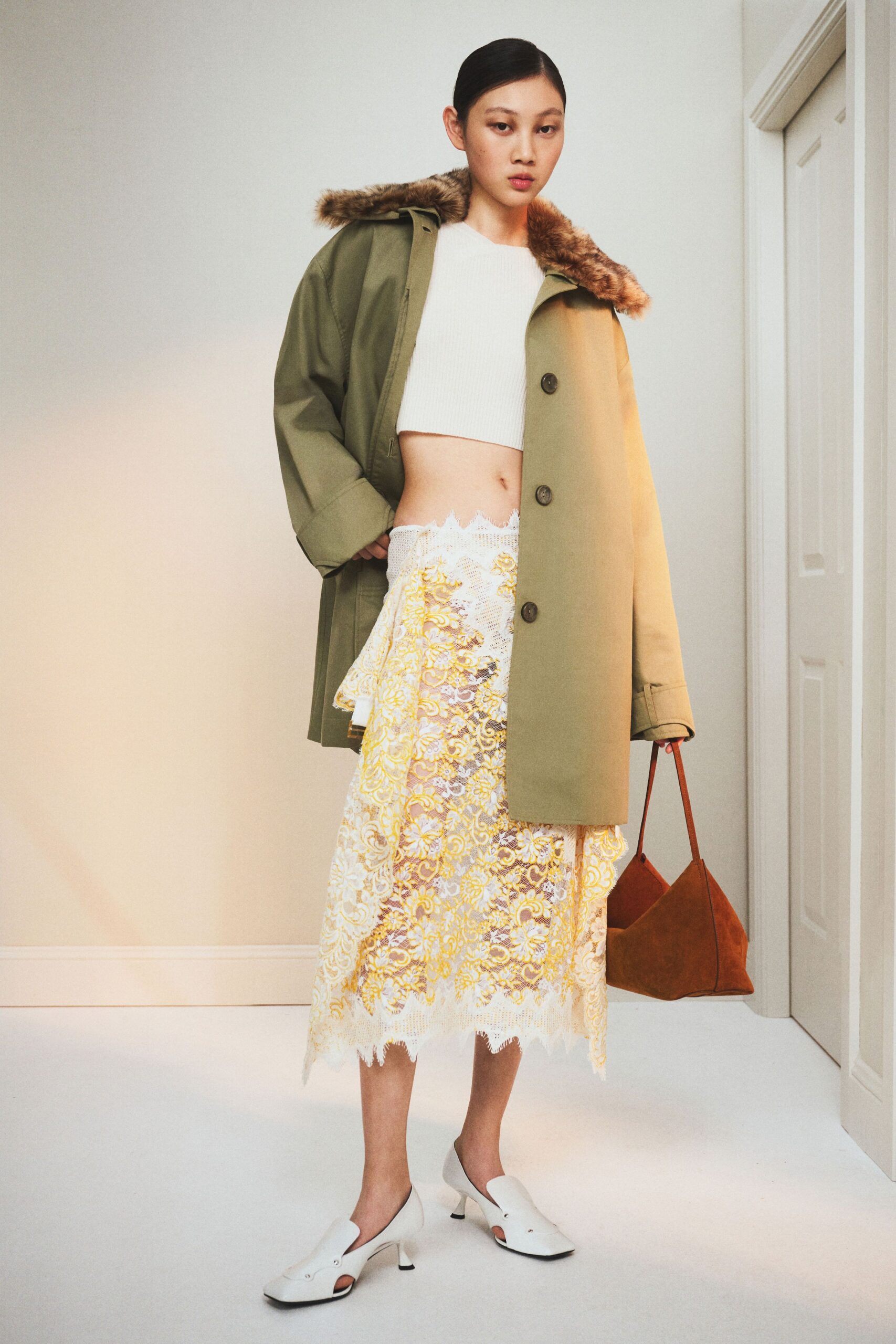 yellow lace fitted high-waisted tiered midi skirt