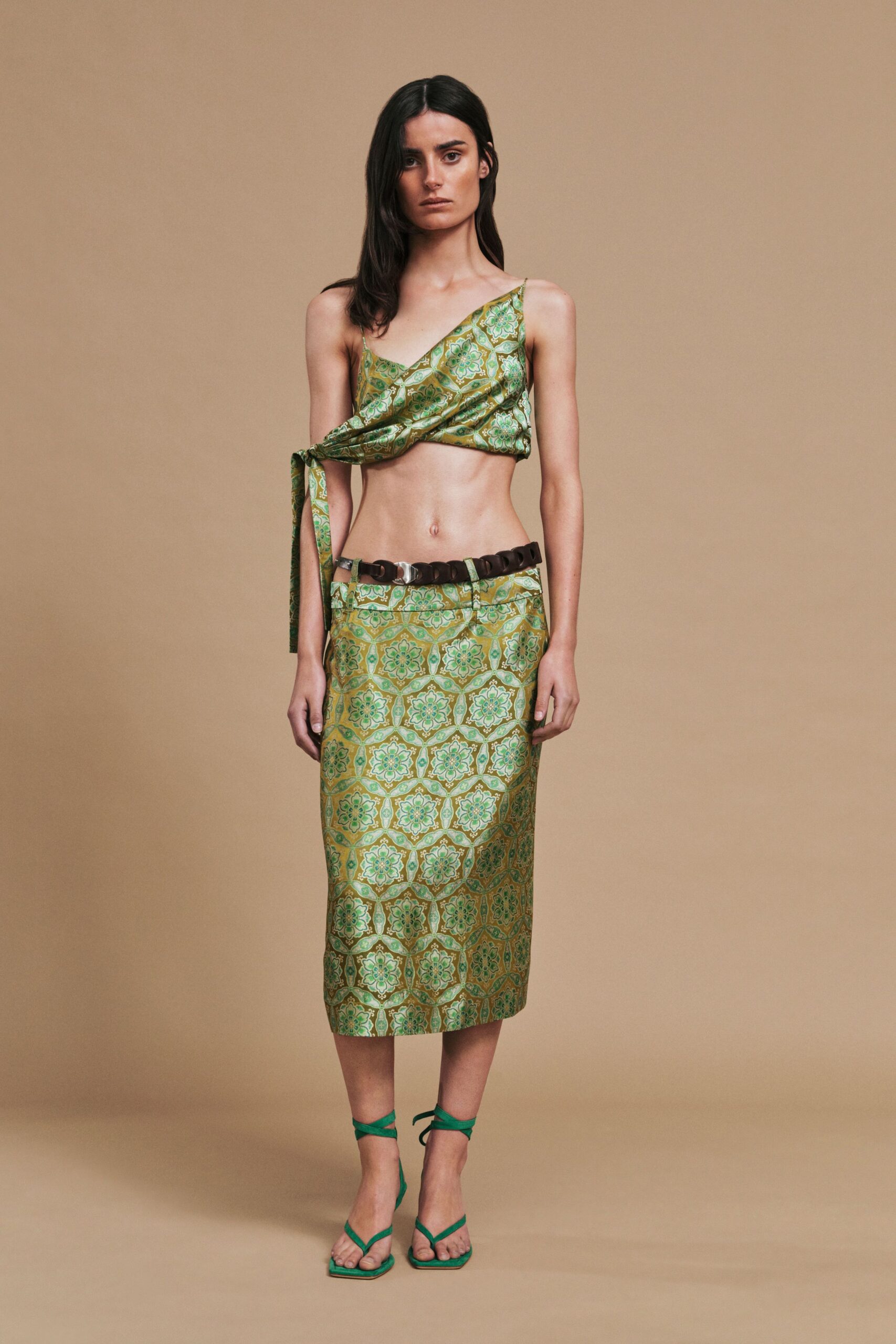 green silk top and skirt