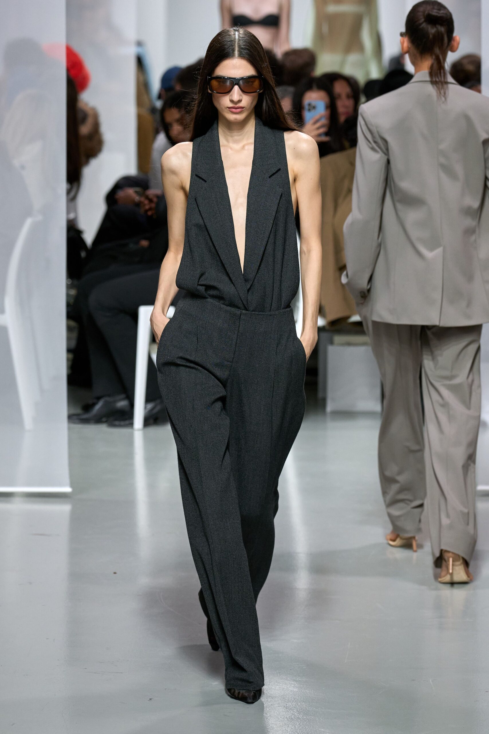 gray wool sleeveless v-neck fitted wide-leg jumpsuit