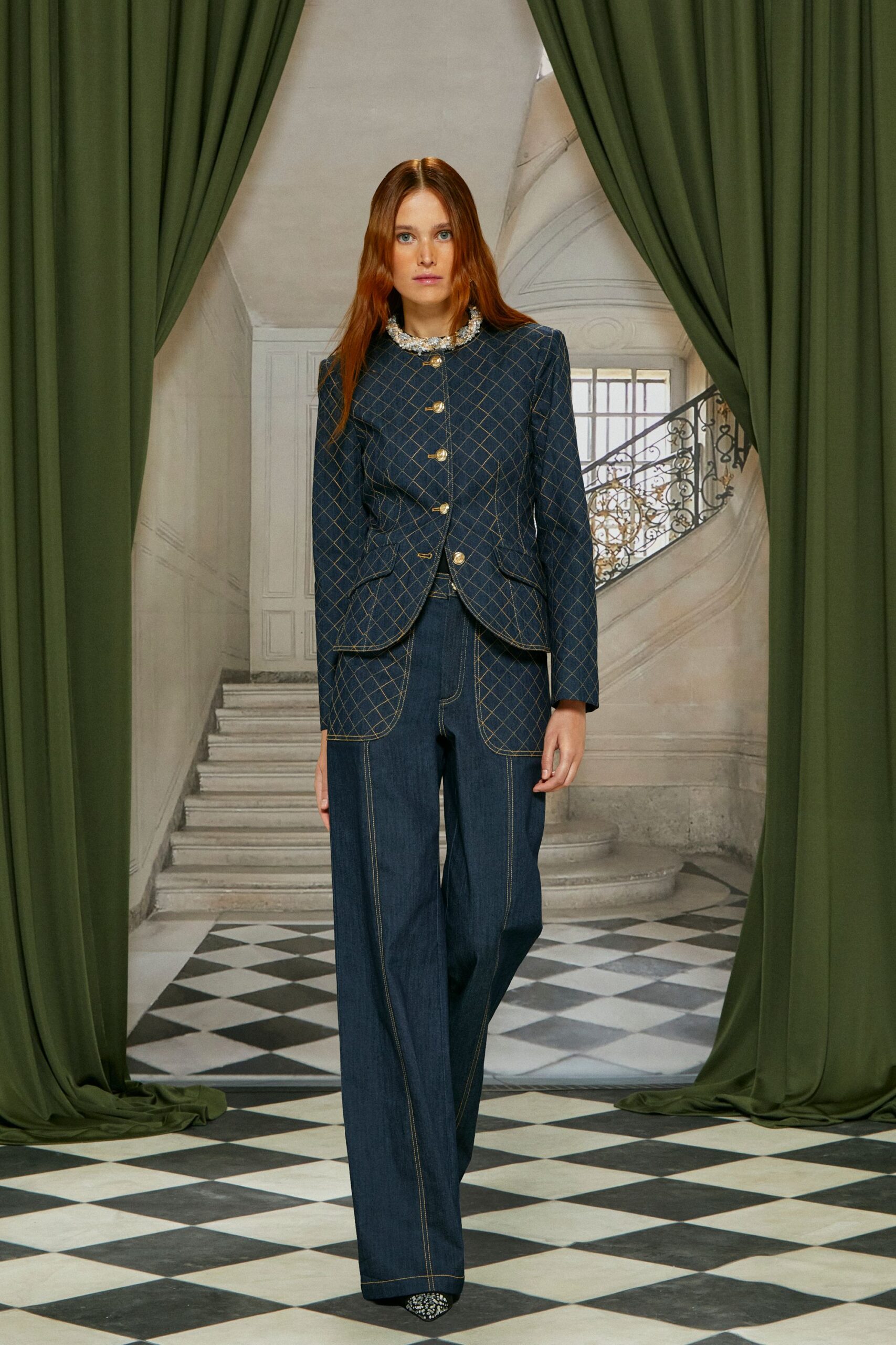 blue denim long-sleeve collared tailored buttoned quilted blazer