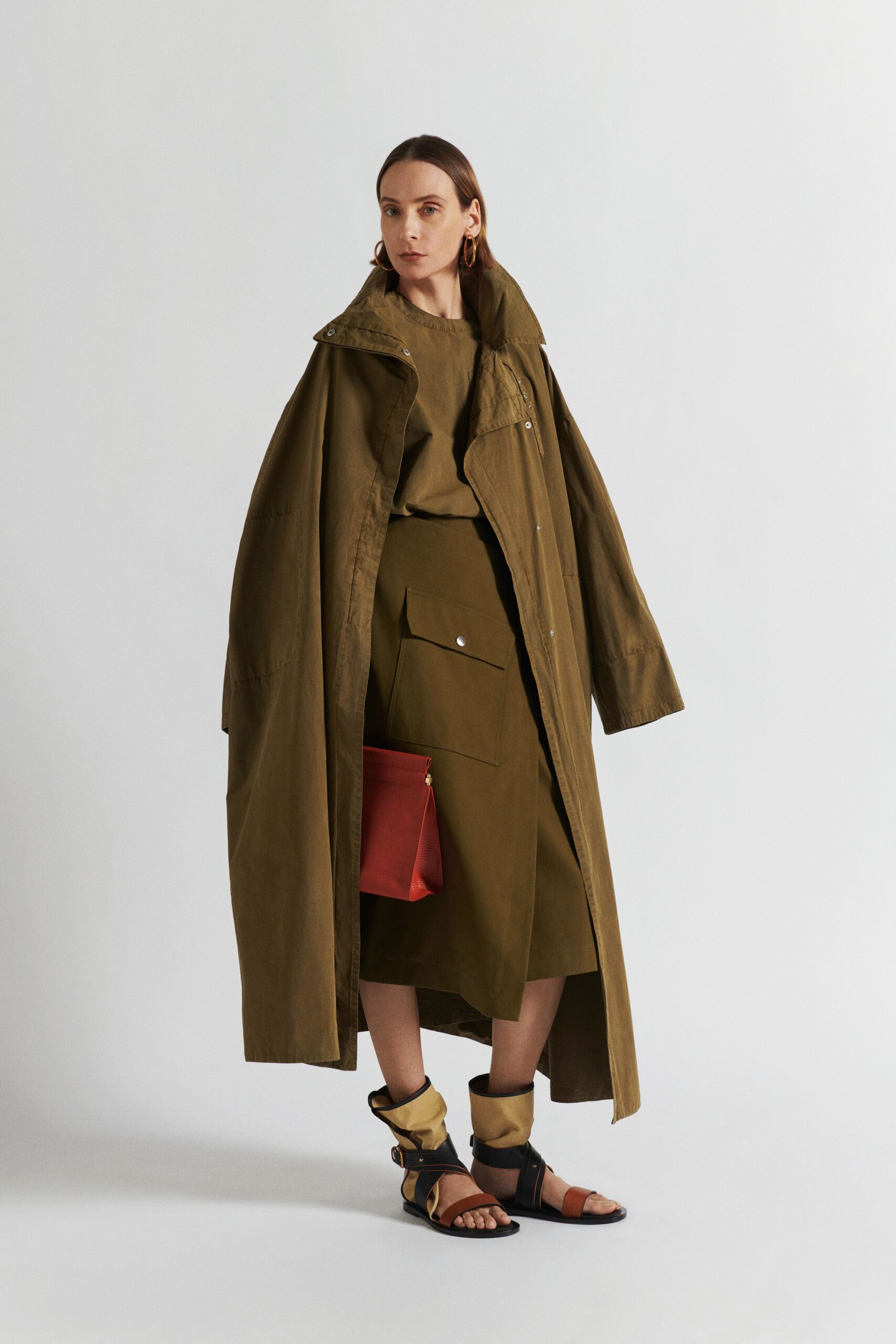 green cotton long-sleeve collared oversized buttoned maxi coat