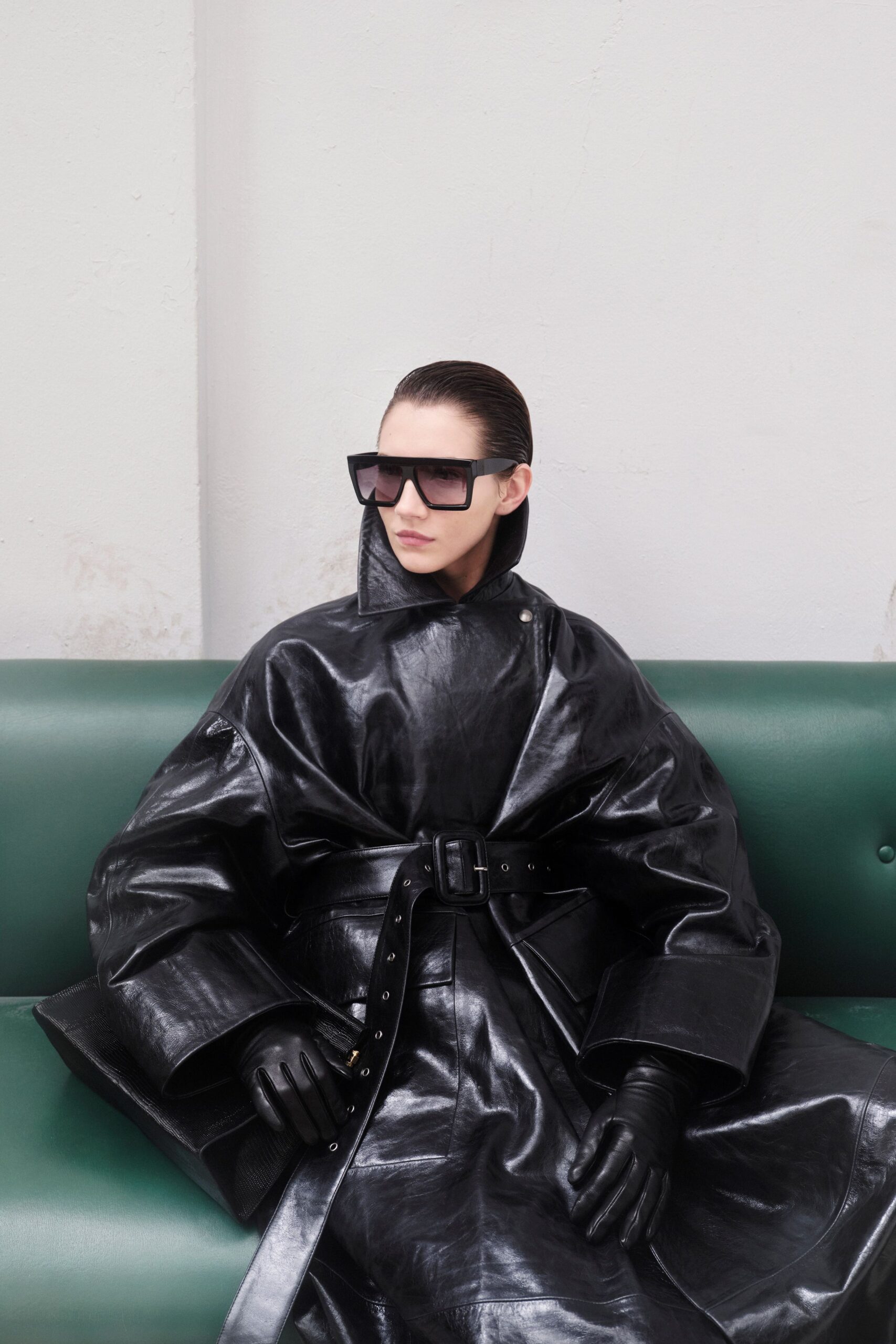 black leather long-sleeve collared oversized belted coat