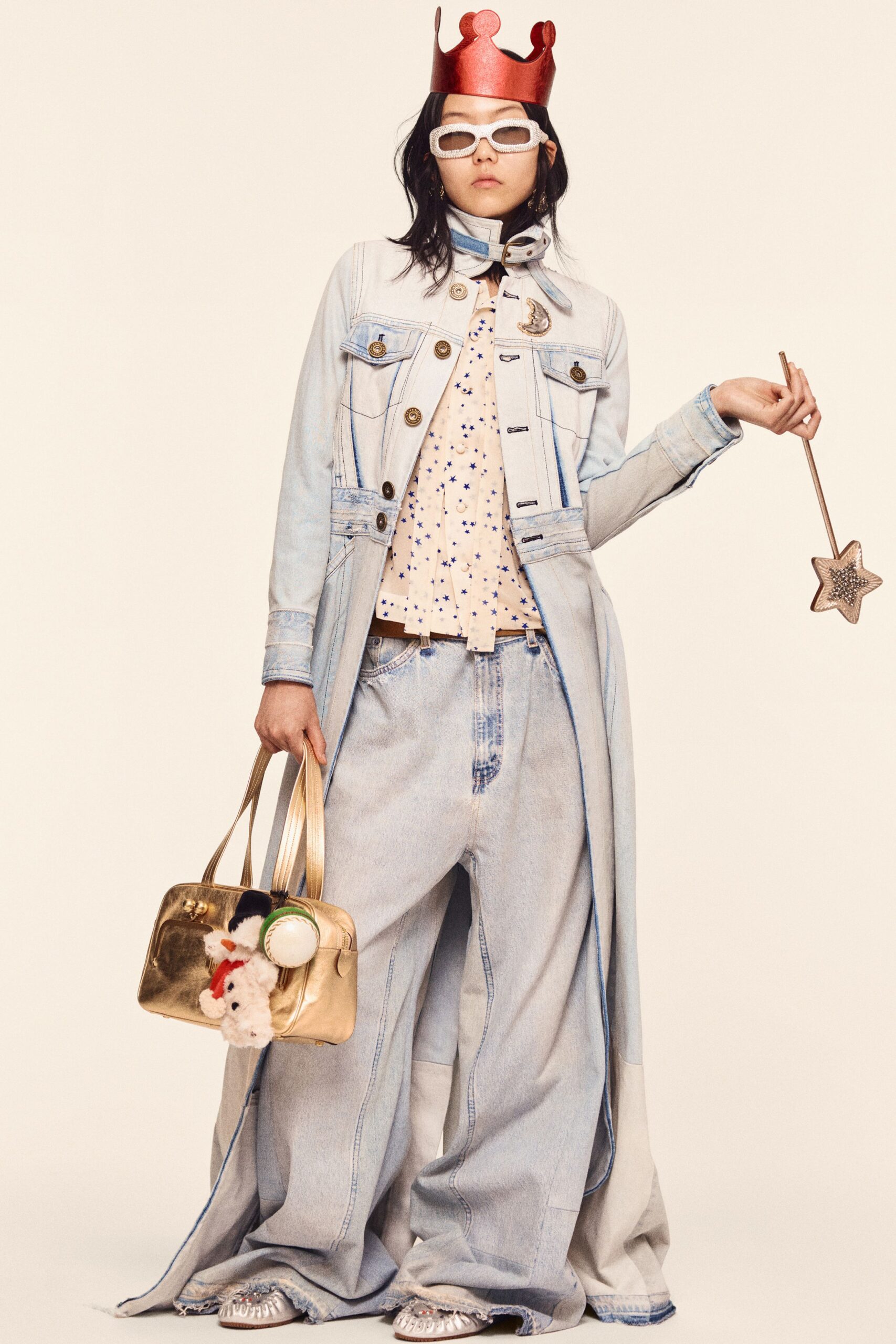 blue denim long-sleeve collared relaxed buttoned maxi coat