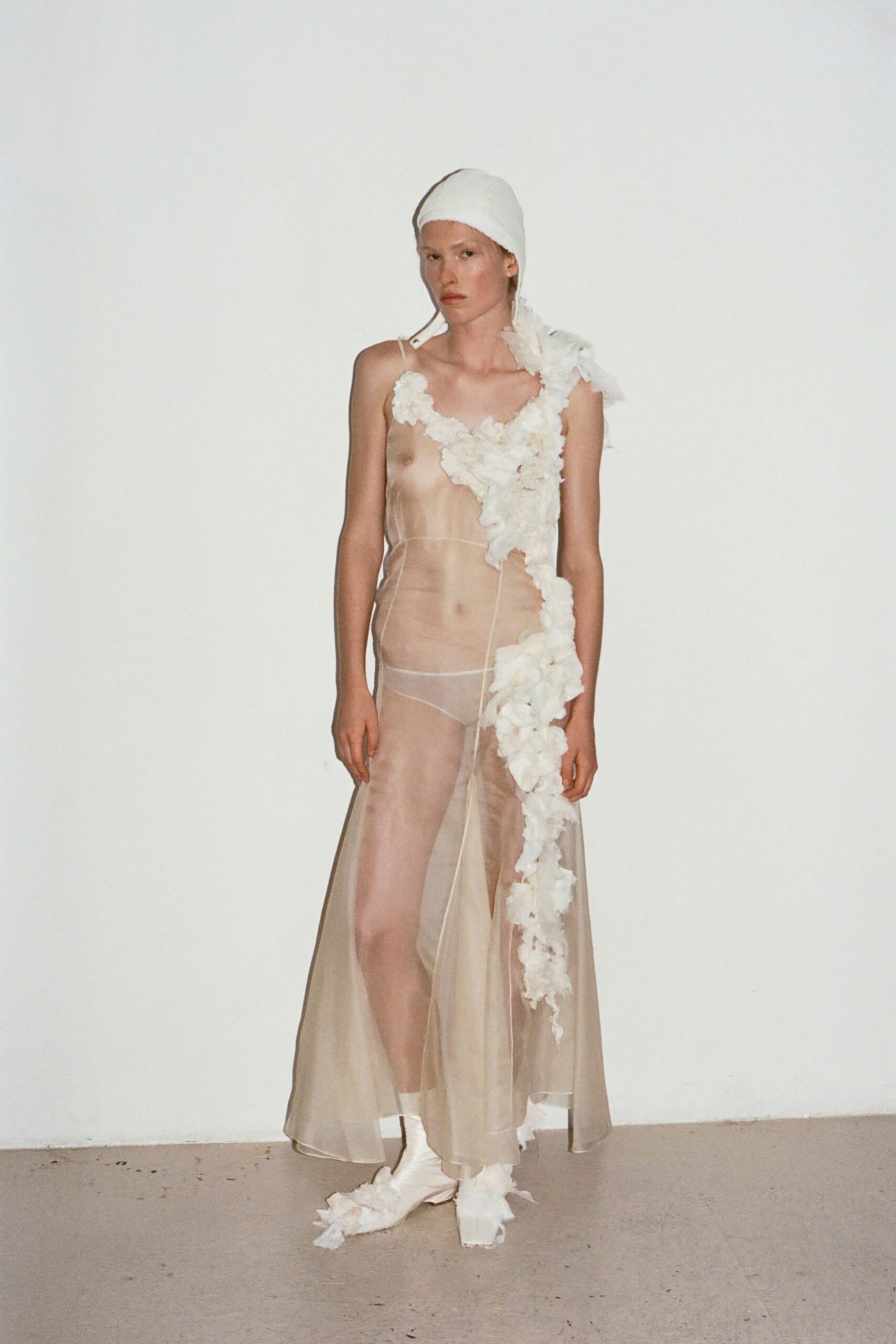 white sheer floral gown