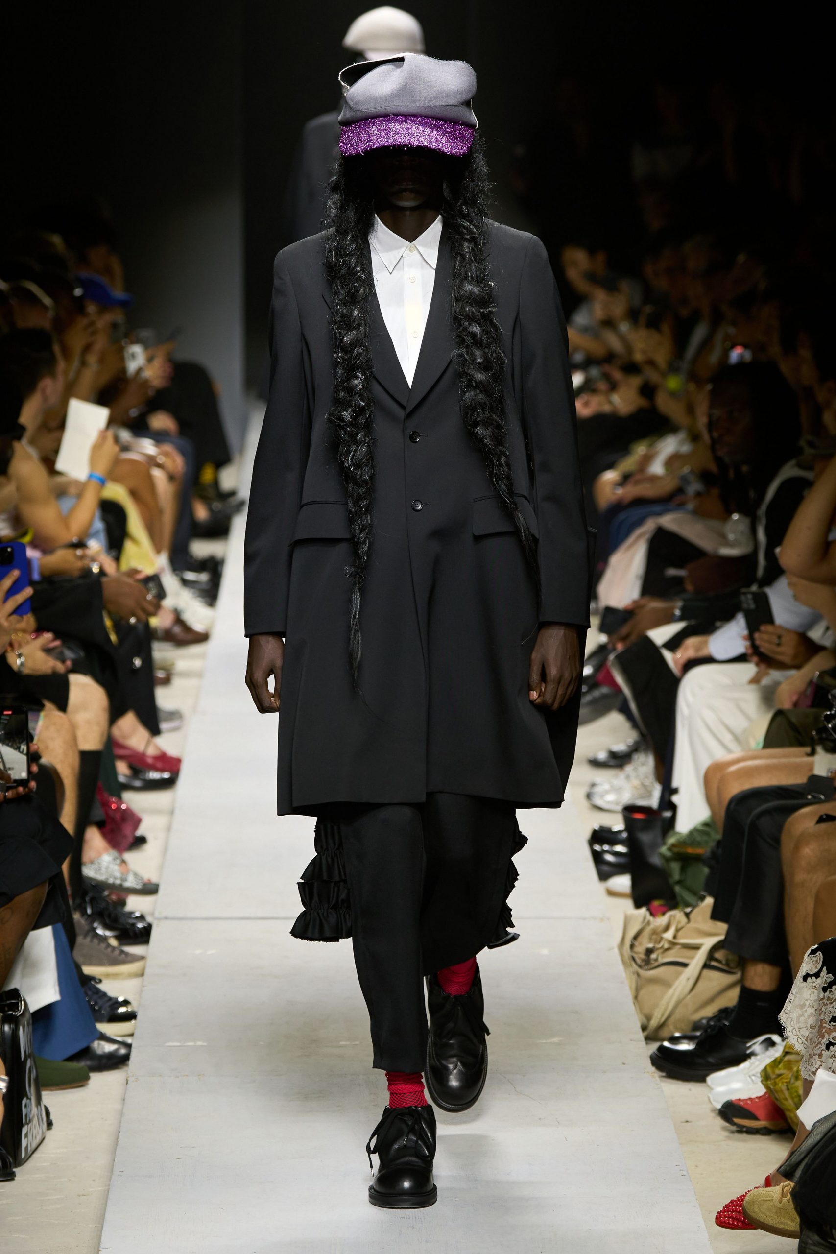 black tailored suit with white shirt