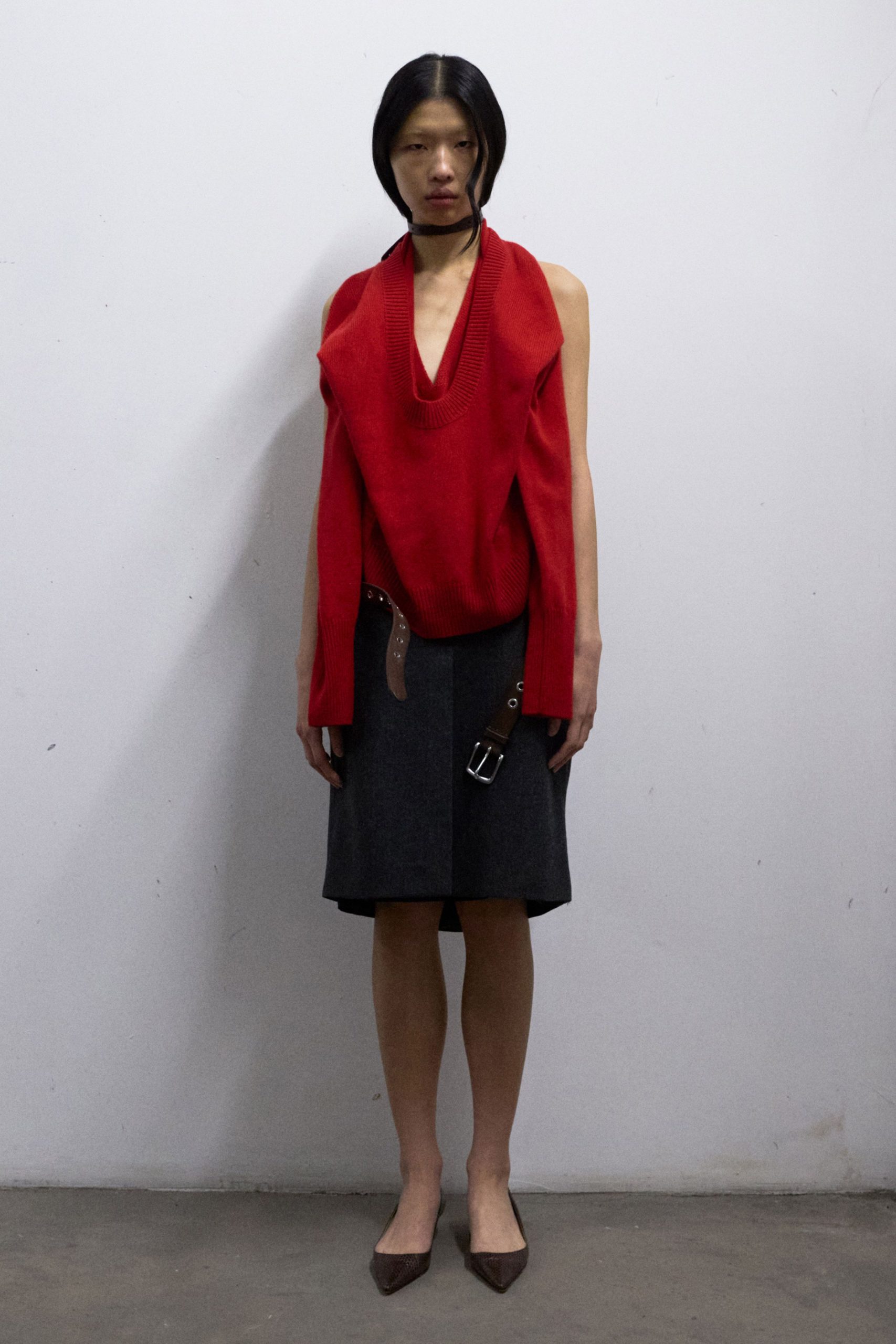 red wool sleeveless v-neck relaxed draped top