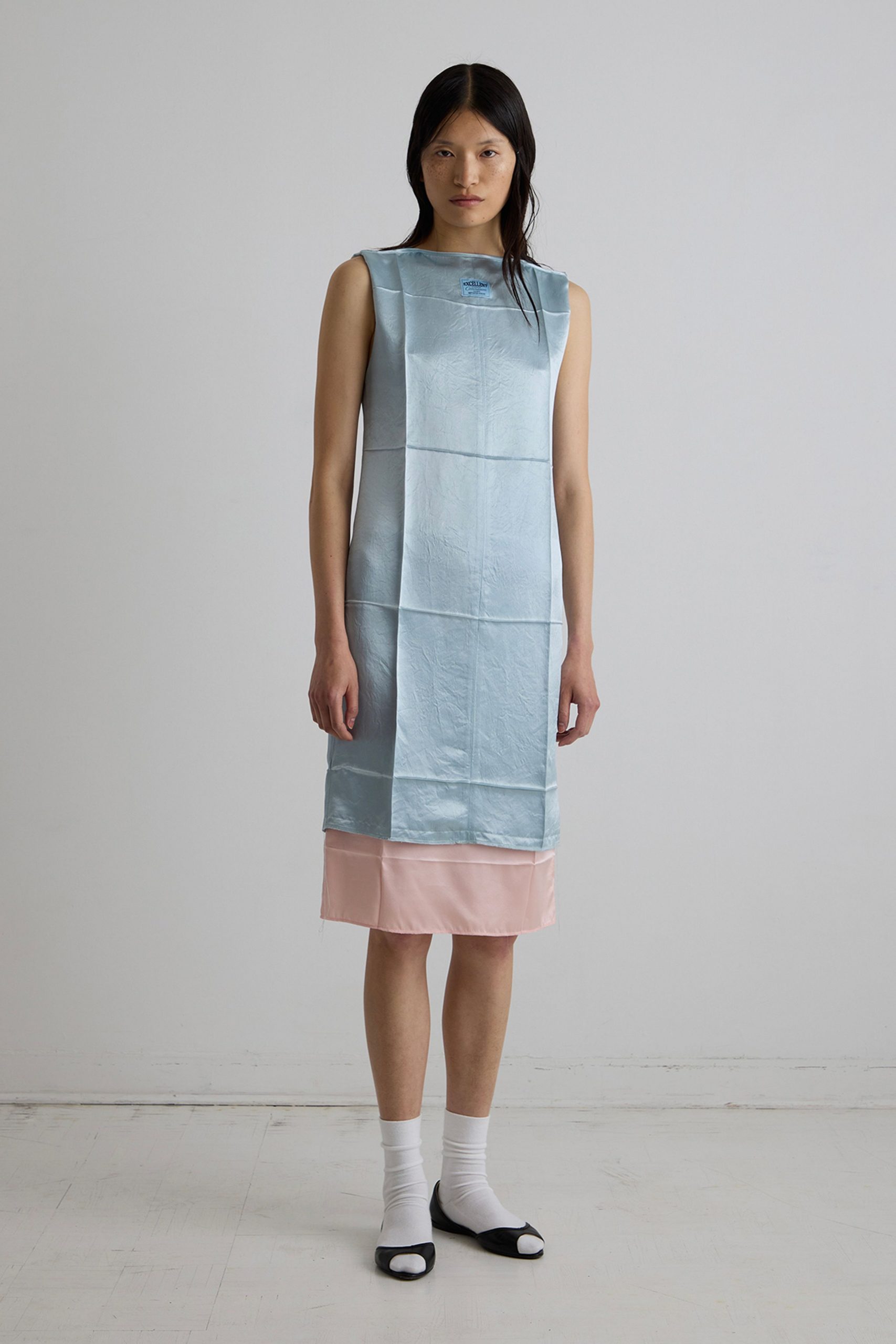 blue pink color-blocked midi dress with black shoes