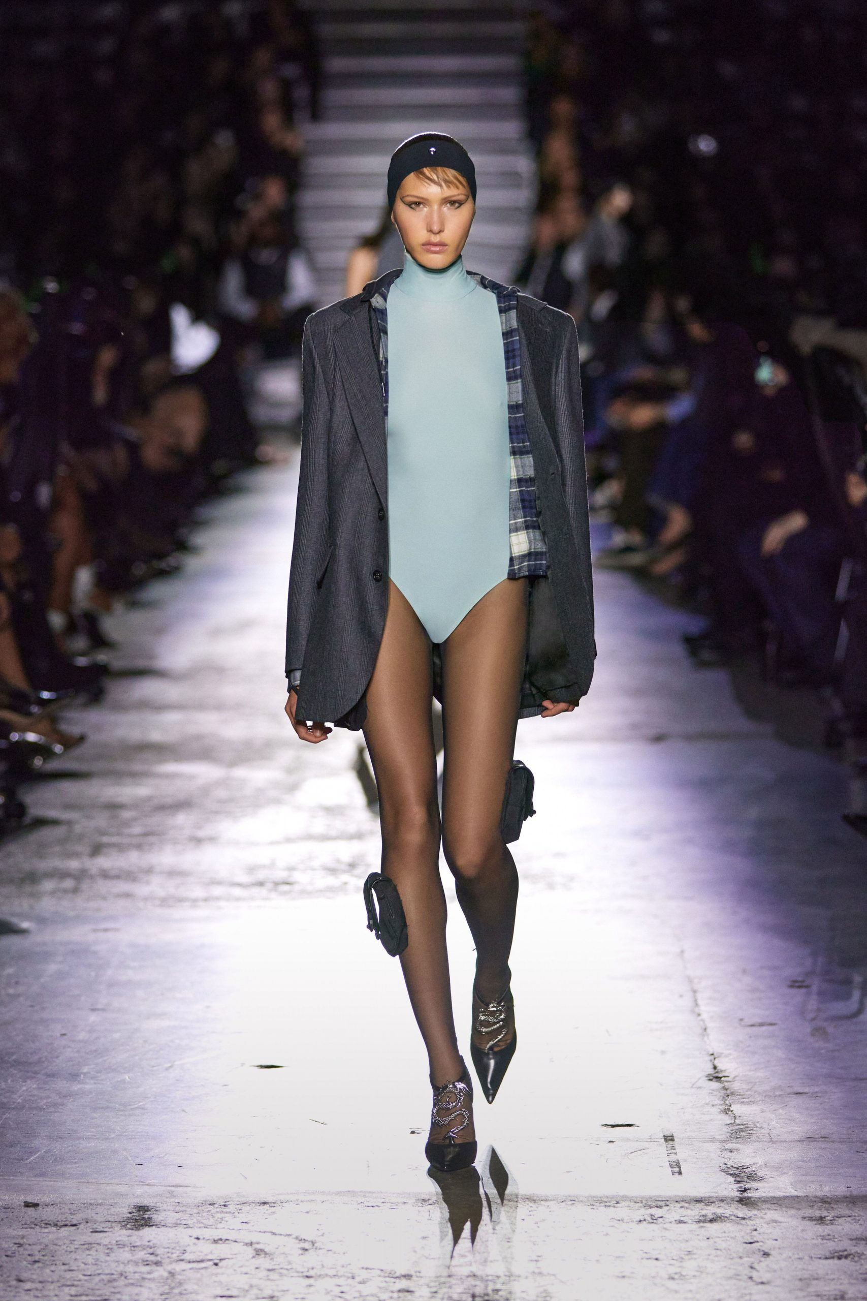 blue bodysuit with oversized gray blazer